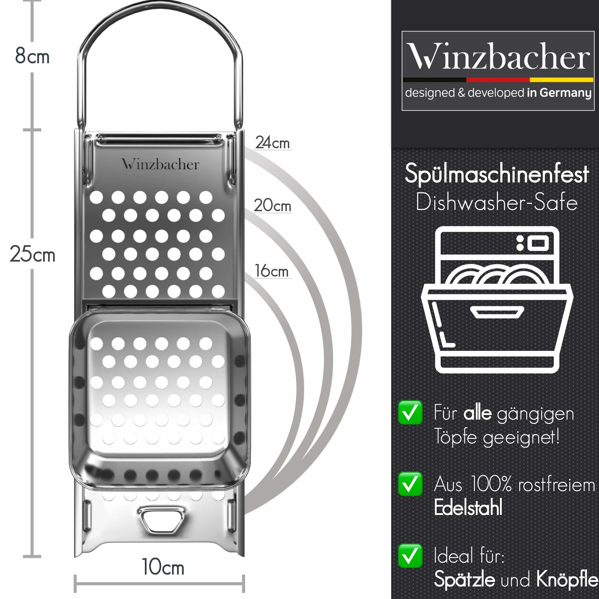 Winzbacher Szpatułka ze stali nierdzewnej z saniami do ciasta [garnek Ø 16-30 cm] nadaje się do mycia w zmywarce | nierdzewna | tarka do szpeclera, sitko do szpecli, prasa do szpecli i guzików