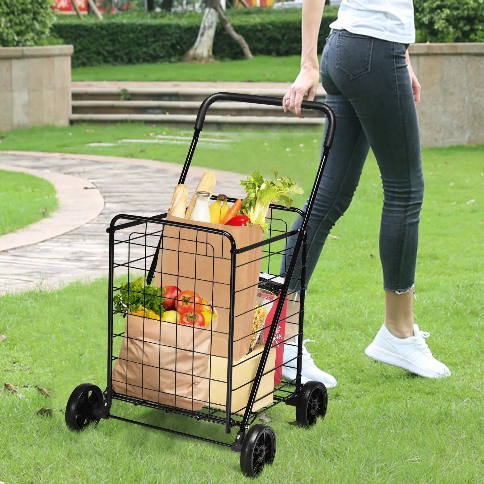 COSTWAY Składany wózek na zakupy, na kółkach, obciążenie 45 kg, 83 l, przenośny wózek ręczny, wózek uniwersalny na pranie, zakupy, bagaż (czarny)