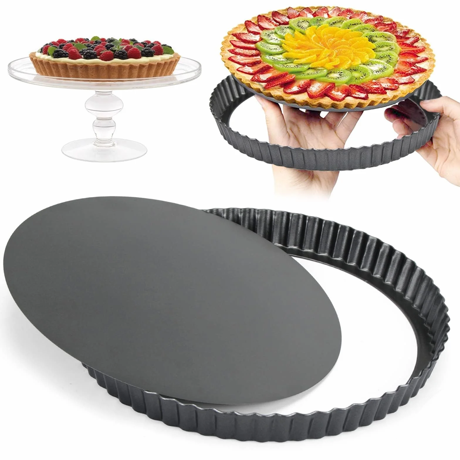 O-Kinee Nieprzywierająca patelnia Quiche, Quiche i Ciasta ze zdejmowaną podstawą, foremką do ciasta i rowkami (22 cm)