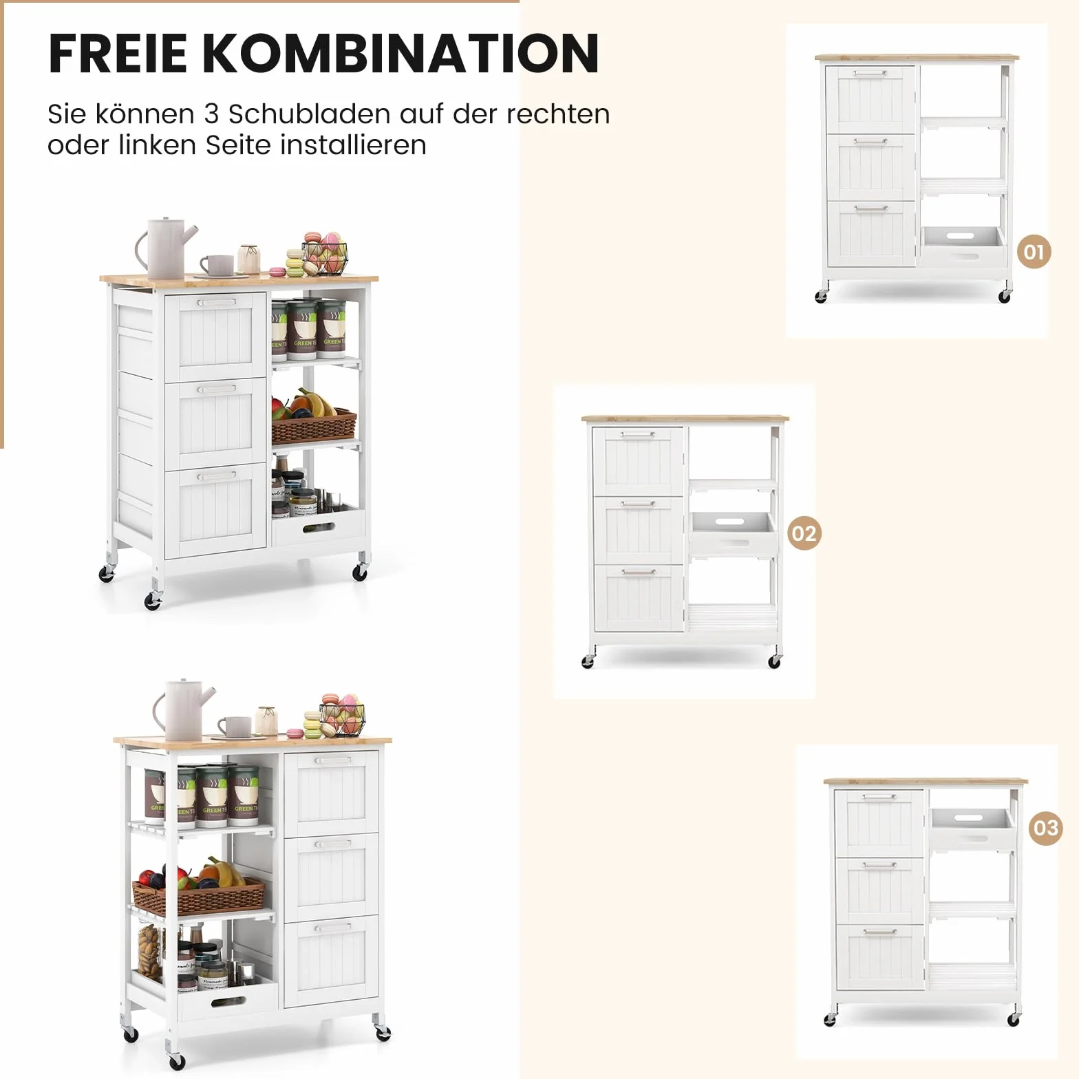 COSTWAY Wózek Kuchenny z Tacą 2 Poziomy 3 Duże Szuflady Regał Magazynowy Wyspa Kuchenna z Drewna Kauczukowego i Sosnowego 67x37x82,5 cm