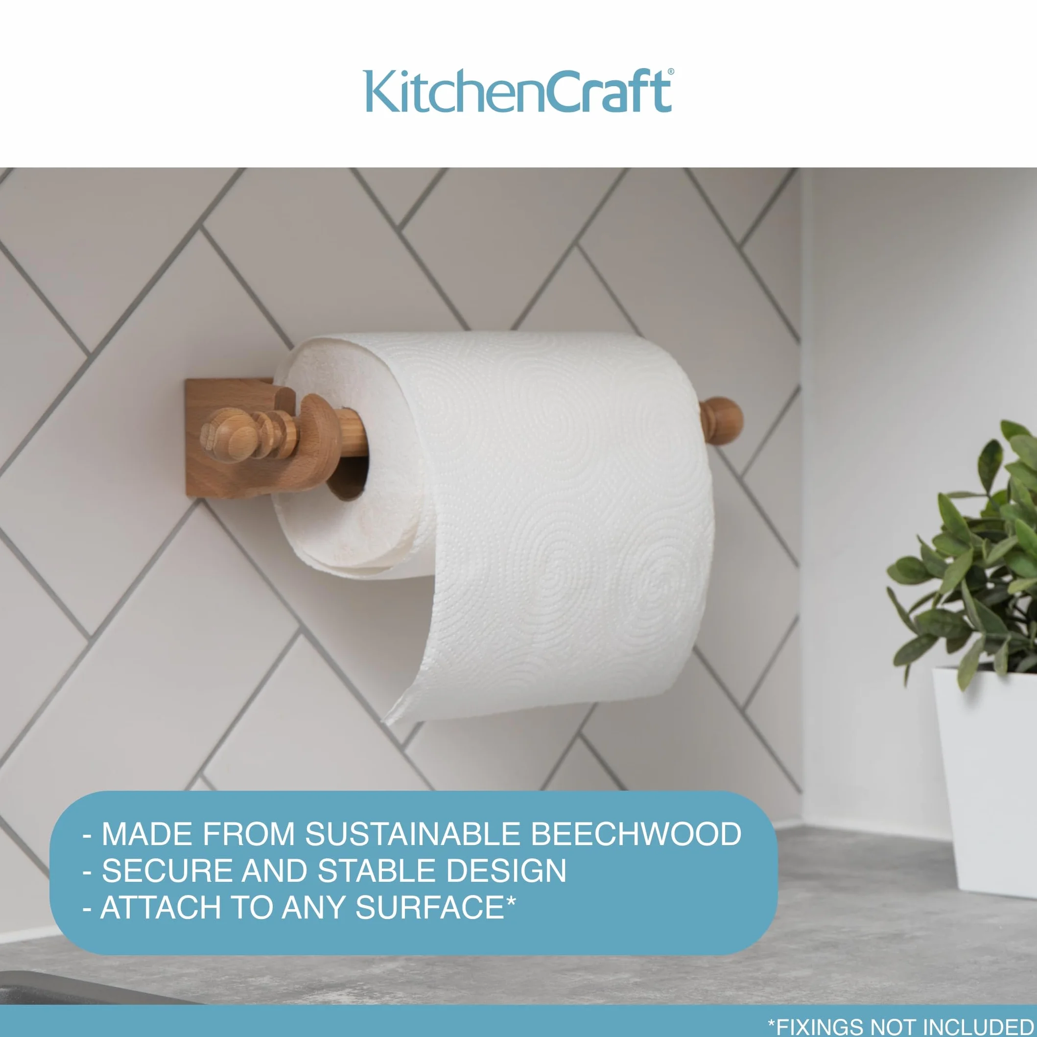 KitchenCraft Ścienny Uchwyt na Papierowe Ręczniki, Rolki do 25 cm, Drewniany, 29 cm - Kolor Brązowy