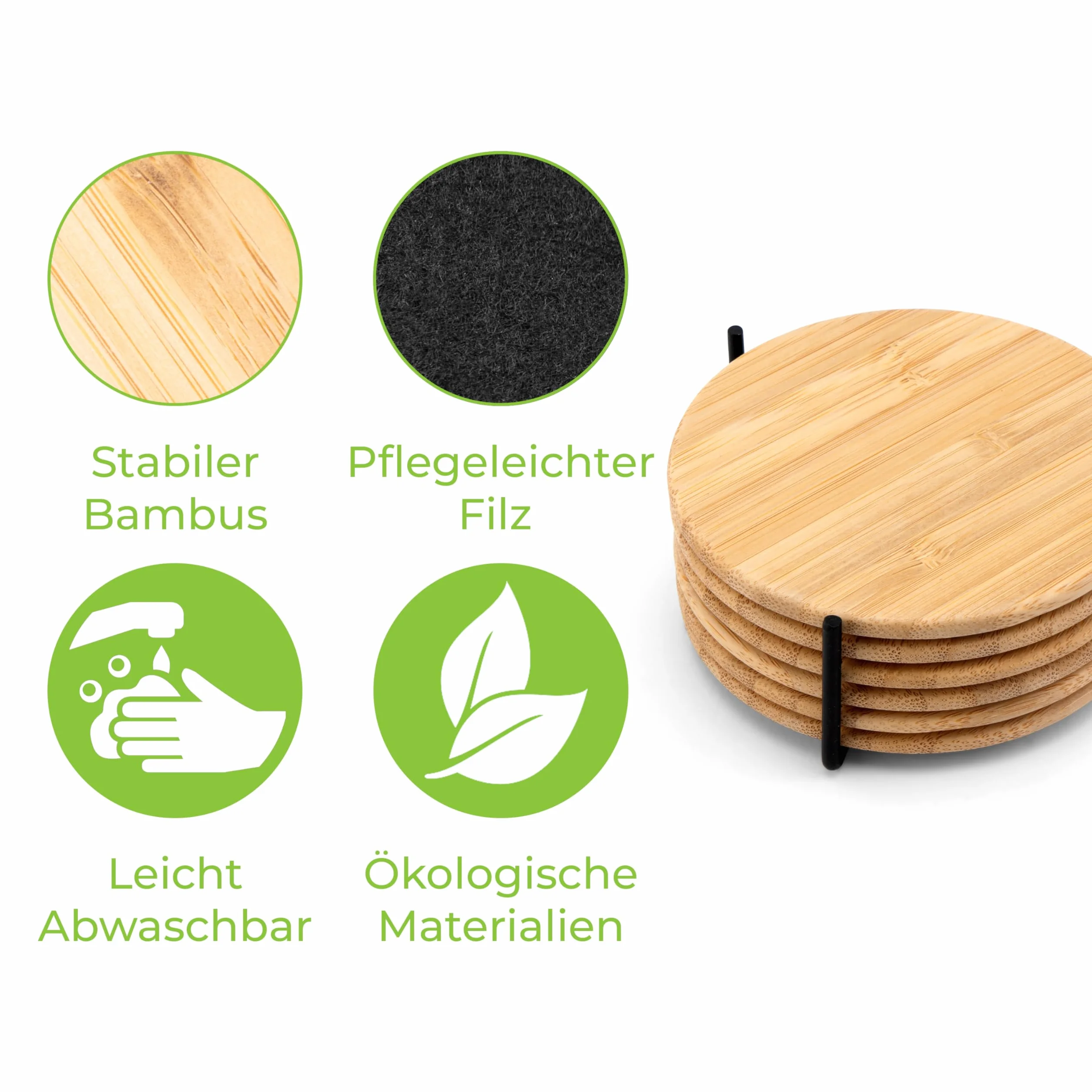 NOWOŚĆ: Greenable ® podkładki z bambusa i filcu [6 szt.] w zestawie z luksusowym uchwytem – designerskie podkładki pod szklanki w kolorze czarnym – dwustronne i z efektem antyhaftowym – podkładki pod