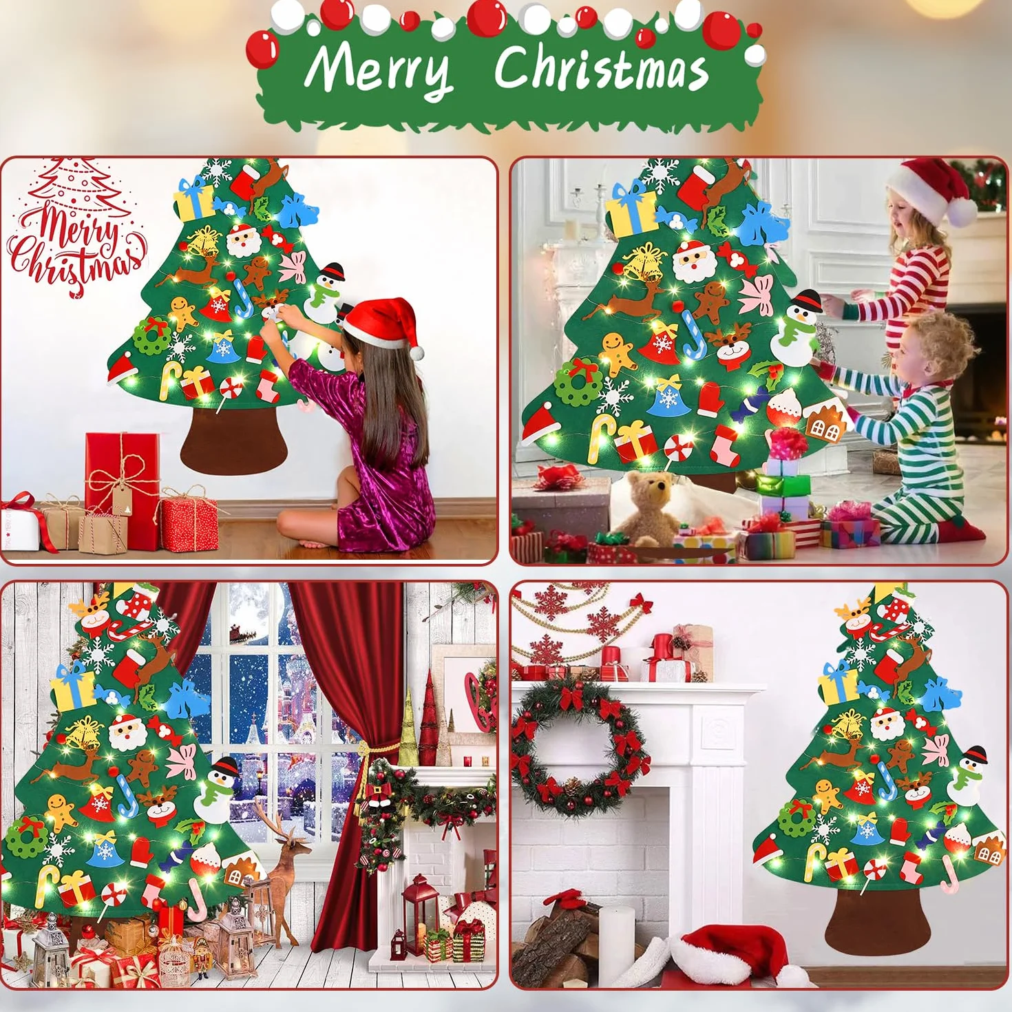 Filcowa choinka DIY dla dziecko, 3.2Ft z dekoracją świąteczną, zdejmowana 40PCS
