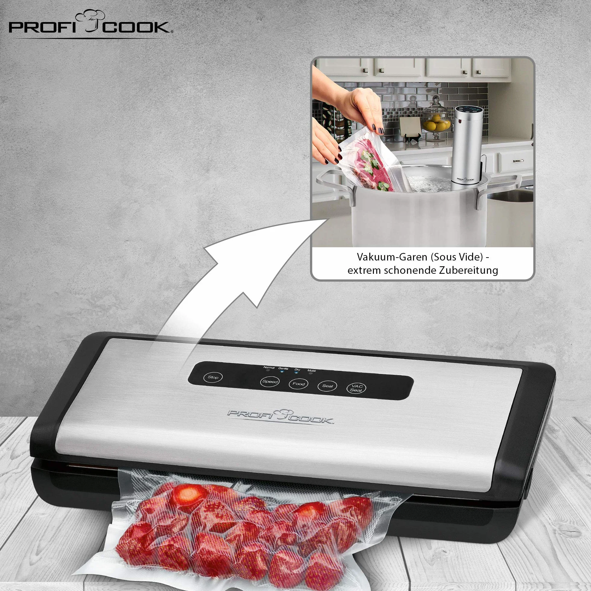 Proficook PC-VK 1146 Automatyczne Urządzenie Do Pakowania Próżniowego z Elektronicznym Czujnikiem Dotykowym, 120 W, Stal Szlachetna, Czarny/Srebrny