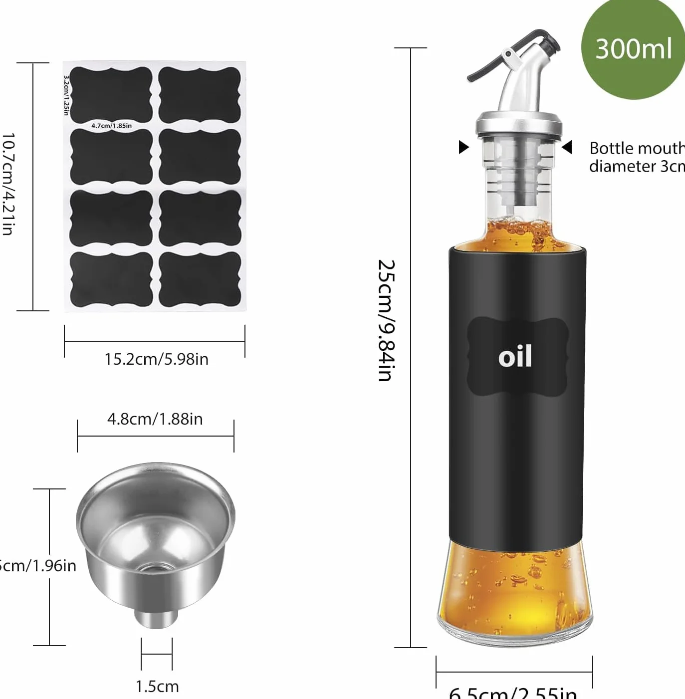 Zestaw dozowników oleju i octu ze stali nierdzewnej (2 sztuki, 300 ml) – w zestawie nalewak, etykieta i lejek – wysokiej jakości butelka na oliwę z oliwek z widocznym wskaźnikiem poziomu