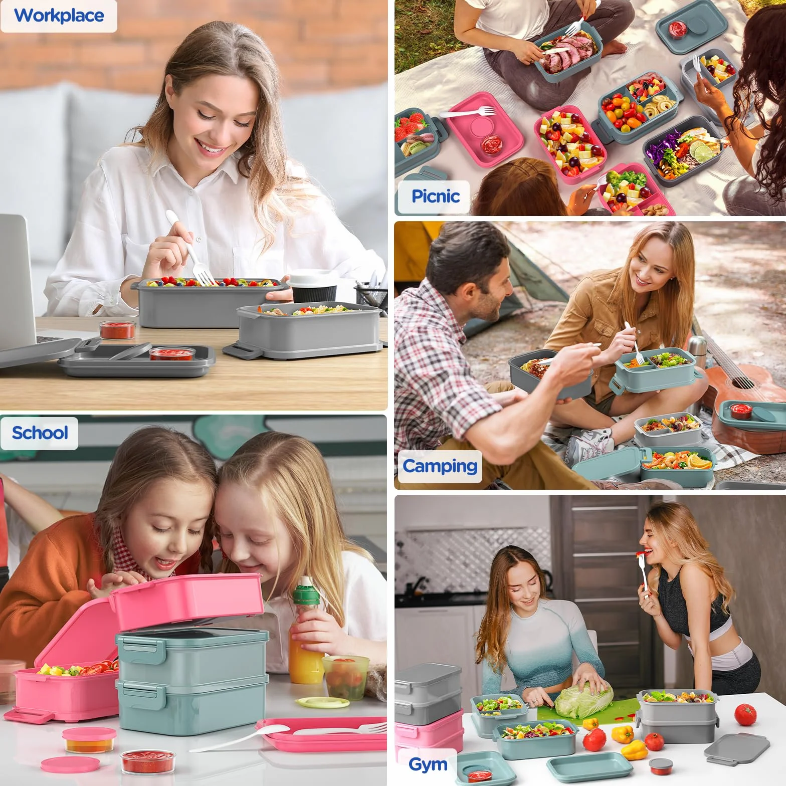 WayEee Pudełko na lunch dla dorosłych, 2130 ml, duża pojemność, pudełko na lunch Bento z przegródkami, 3 warstwy, szczelne pudełko Bento do biura, szkoły, szare