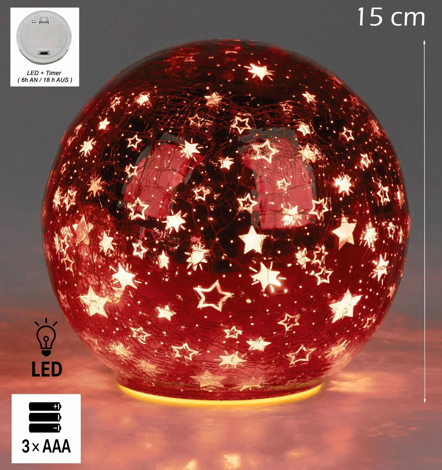 Formano LED dekoracyjna kula 15 cm czerwona szklana timer 6h/18h zestaw 3 baterie AA