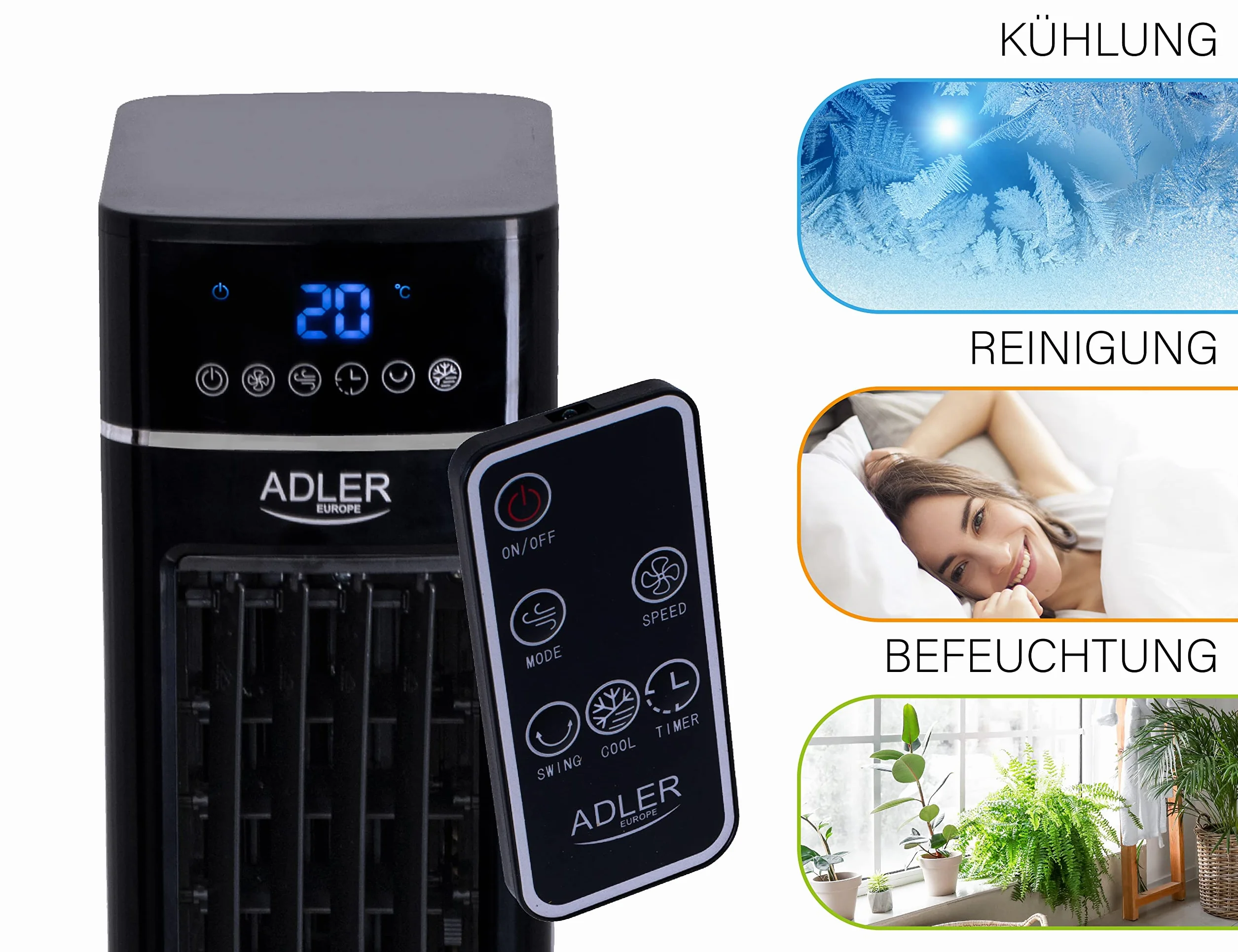 ADLER AD 7859 klimatyzator kolumnowy 3 w 1, 320 W, wentylator kolumnowy, klimatyzator kolumnowy z panelem dotykowym LCD, wentylator kolumnowy z 3 trybami pracy wentylatora