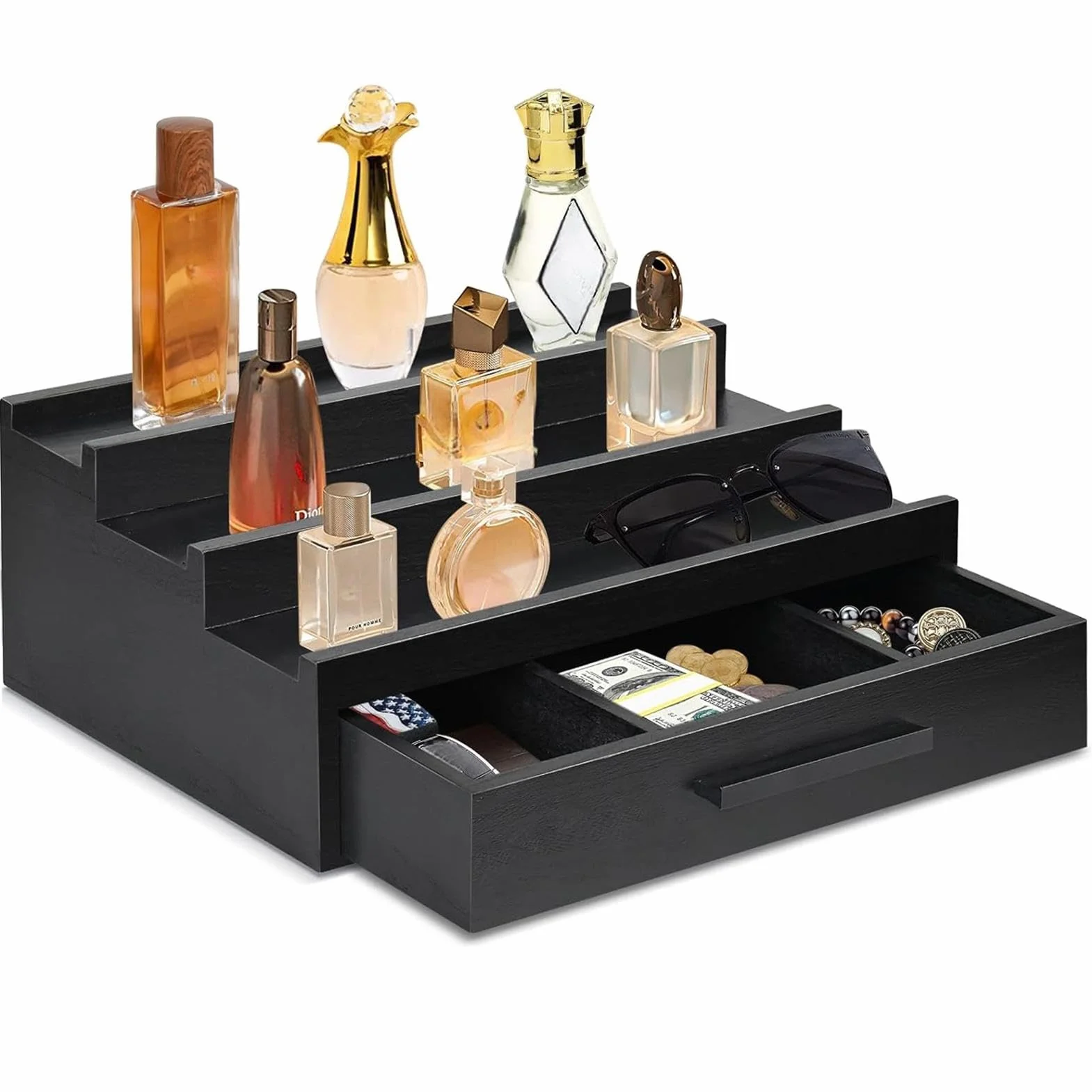 Organizer na perfumy, stojak na perfumy, trójwarstwowy stojak na perfumy, drewniany stojak na perfumy, czarny organizer na perfumy z szufladami na zegarki, pokój