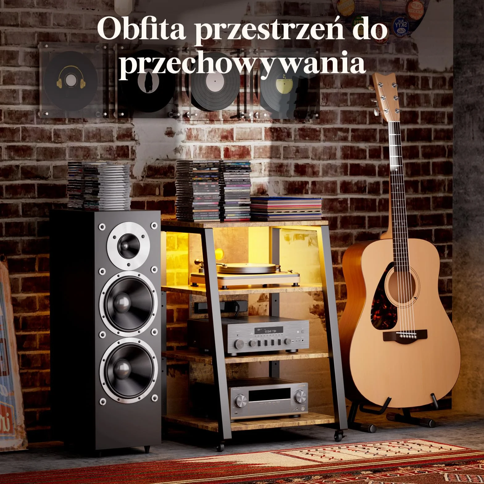 Lifewit 4-Poziomowy Stojak Multimedialny AV z gniazdami, Półkami Stereo z Oświetleniem LED, Kółkami i Regulowanymi Gramofony, Rolowana Konsola Szafka wieżę Multimedialną, Brązowy Rustykalny