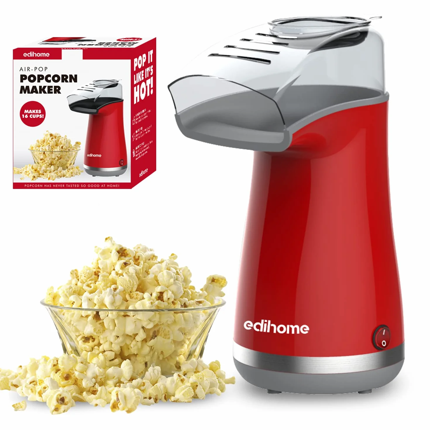 Edihome, Pop Corn Machine, Popcorn, 1200 W, zawiera łyżkę dozującą, Popcorn gotowy w 2 minuty (czerwony)