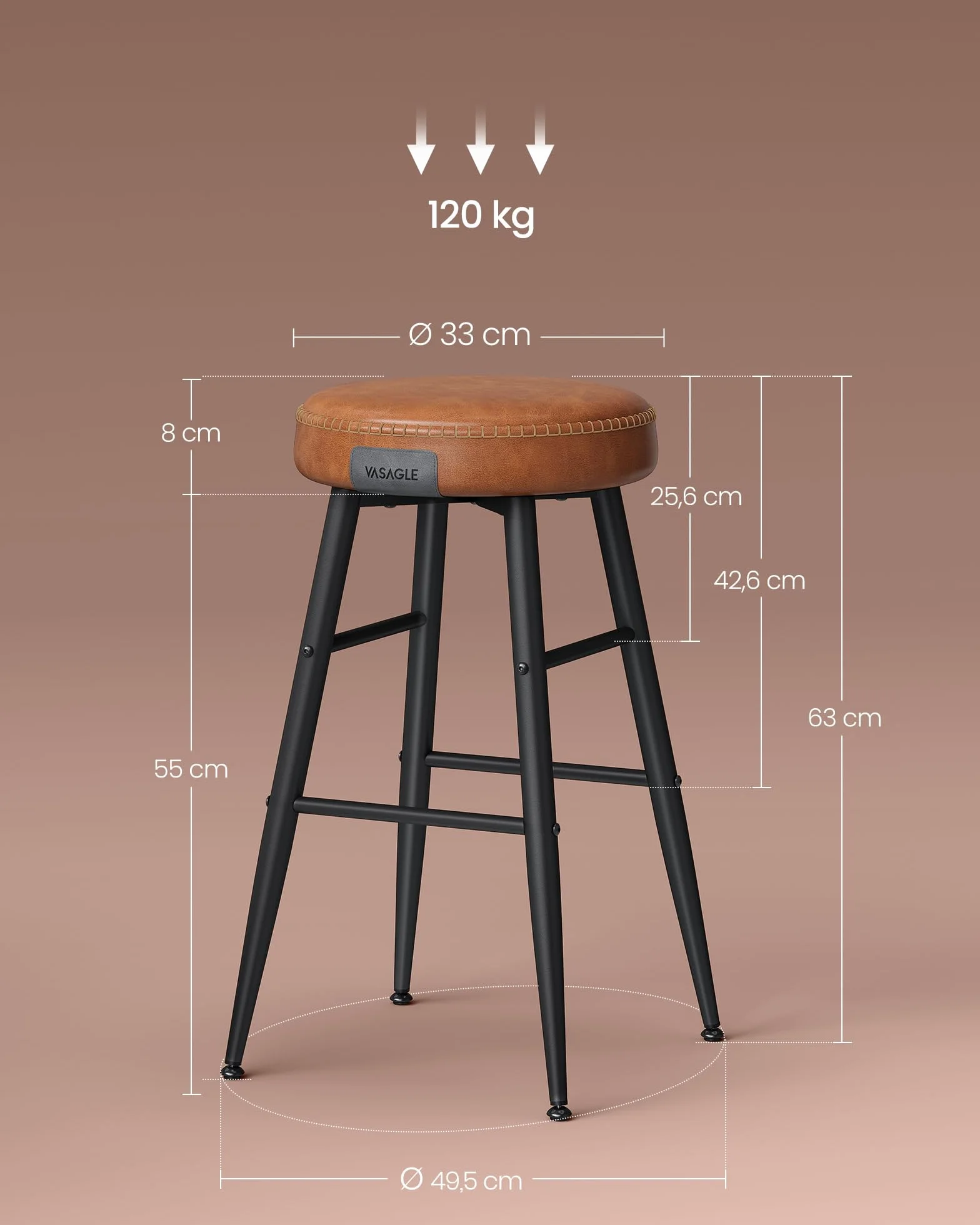 VASAGLE EKHO Kolekcja - stołek barowy, zestaw 2 szt., wysokie, PU z przeszyciami, styl nowoczesny z połowy stulecia, wysokość siedziska 63 cm, kuchnia, bar, łatwy montaż, karmelowy brąz LBC080K01
