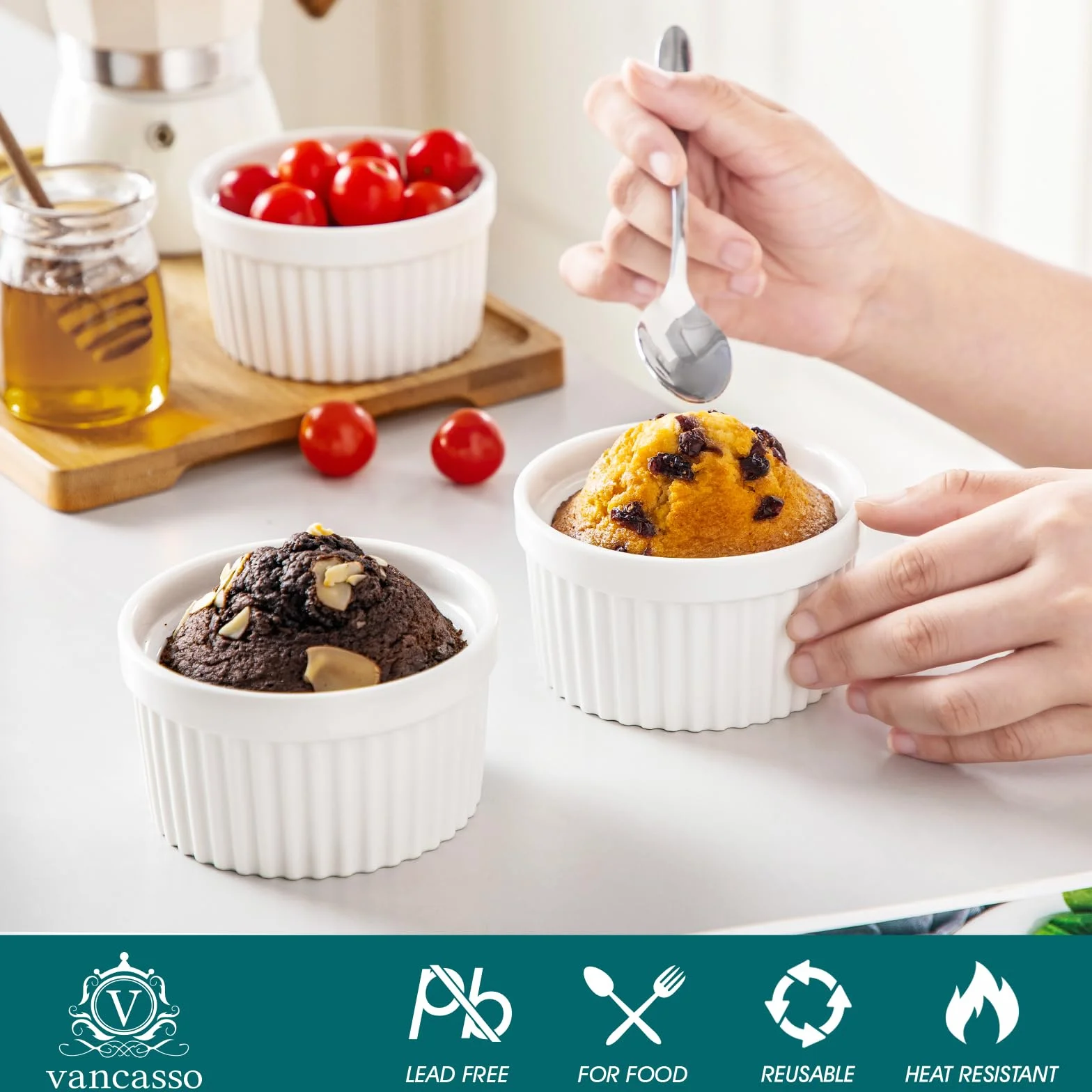 vancasso Ramekins 230 ml z pokrywkami, zestaw 6 naczyń do sufletu, 10,1 cm, biała porcelana, kremowe ramekiny, kubki do pieczenia pudddingu, owoców, dipów, zmywarki i piekarnika