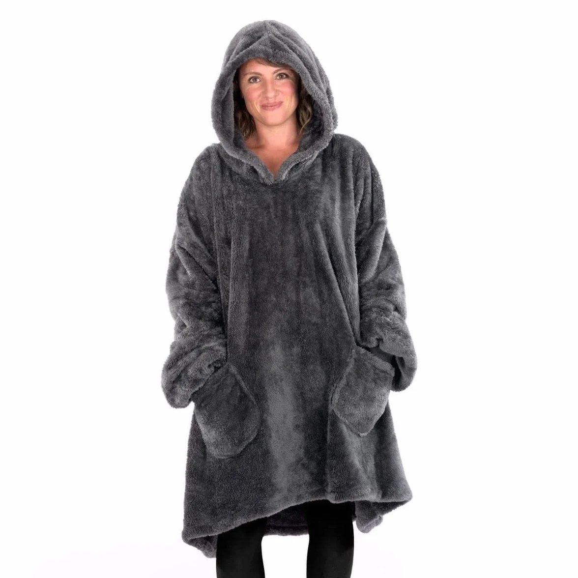 Snug Rug Szara kocobluza z kapturem, koc z rękawami, sztuczny kożuszek, dla dorosłych, sweter z kapturem, miękki, wygodny, bardzo duży koc z rękawami