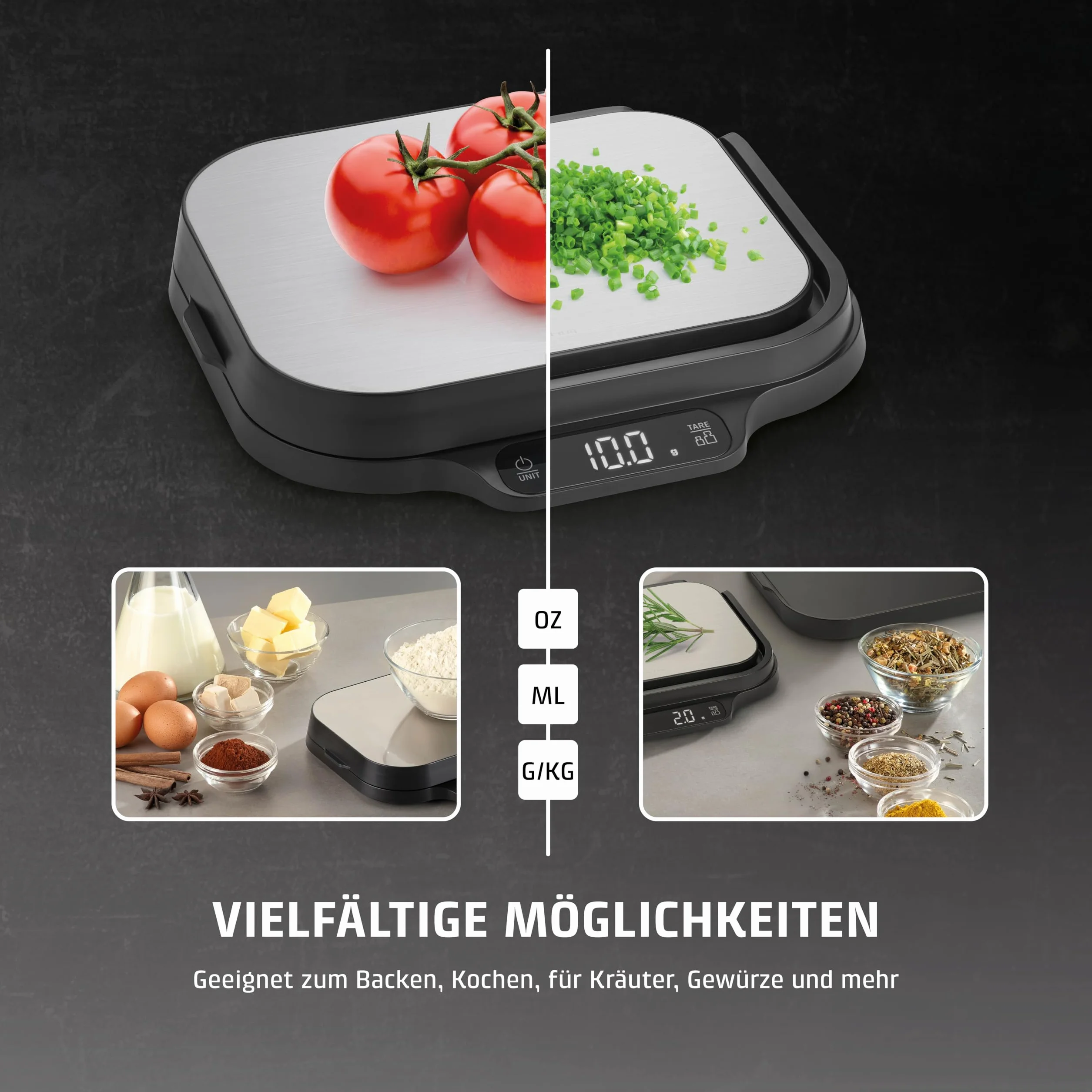 CASO KitchenDuo – waga kuchenna 2 w 1, w zestawie waga precyzyjna, normalna skala ważenia 15 kg w odstępach 1 g, waga precyzyjna do 1 kg w odstępach 0,1 g, funkcja trzymania, gram, oz, ml,