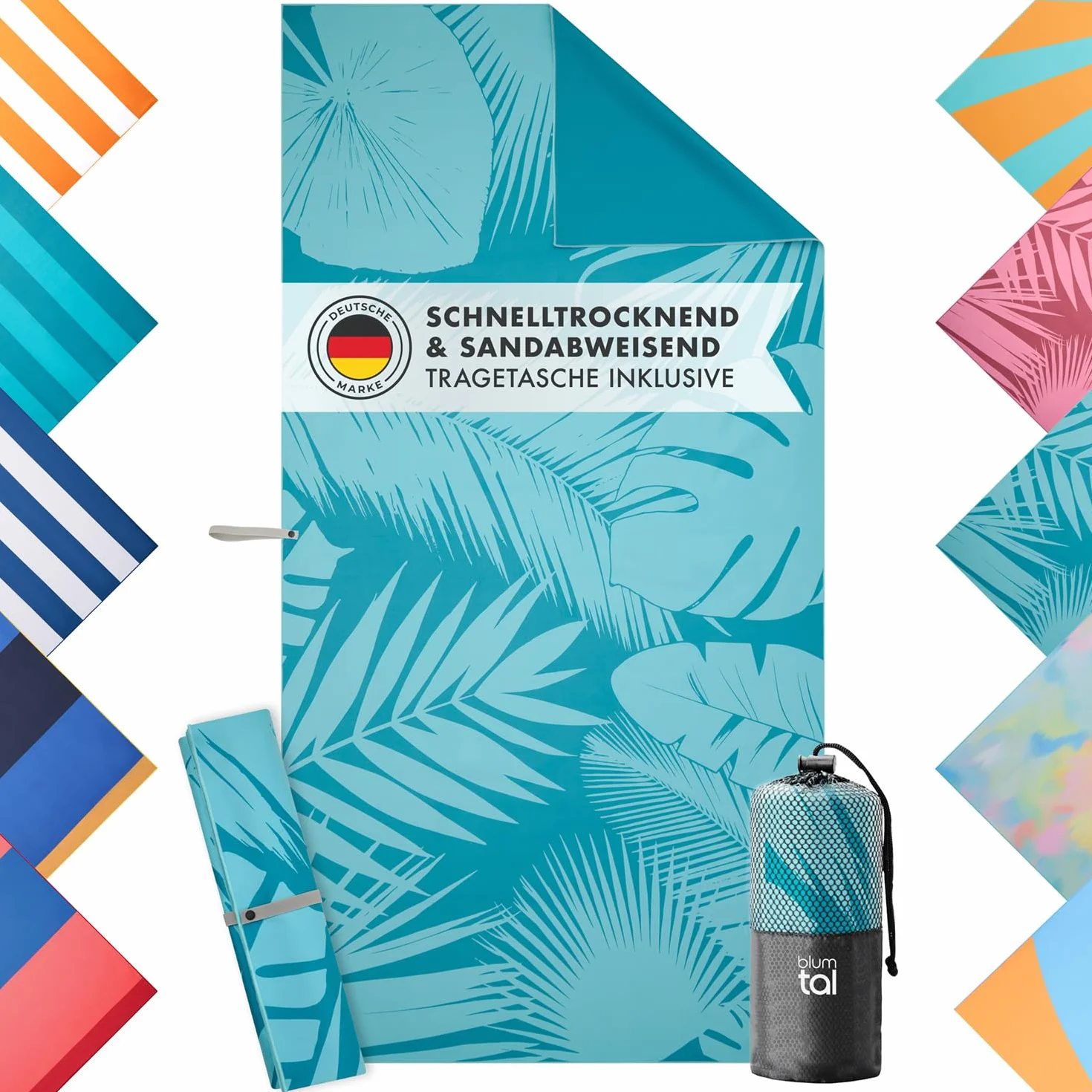 Blumtal Strandhandtuch 90x180cm aus Mikrofaser - kompaktes und schnelltrocknendes Handtuch/Strandtuch xxl - Stranddecke sandfrei mit Band - Badetücher schnelltrocknend mit türkisem Palmen-Motiv