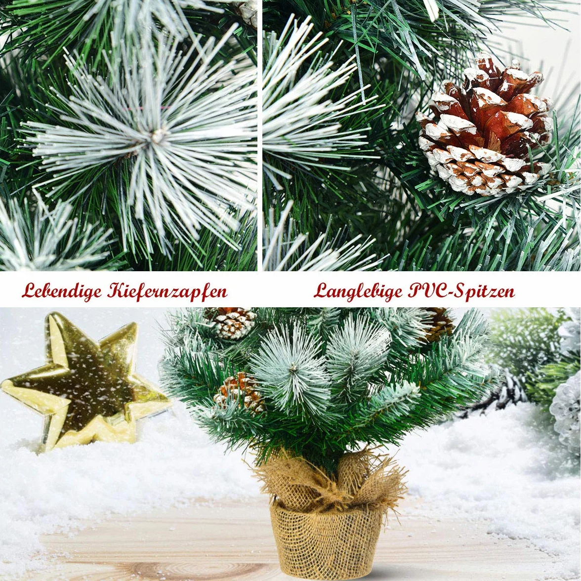 COSTWAY Sztuczna mini choinka 60 cm, stół z podstawą cementową, śnieżna choinka z szyszkami sosnowymi, sztuczne drzewko bożonarodzeniowe, 34 gałązki igieł PCW, zielona
