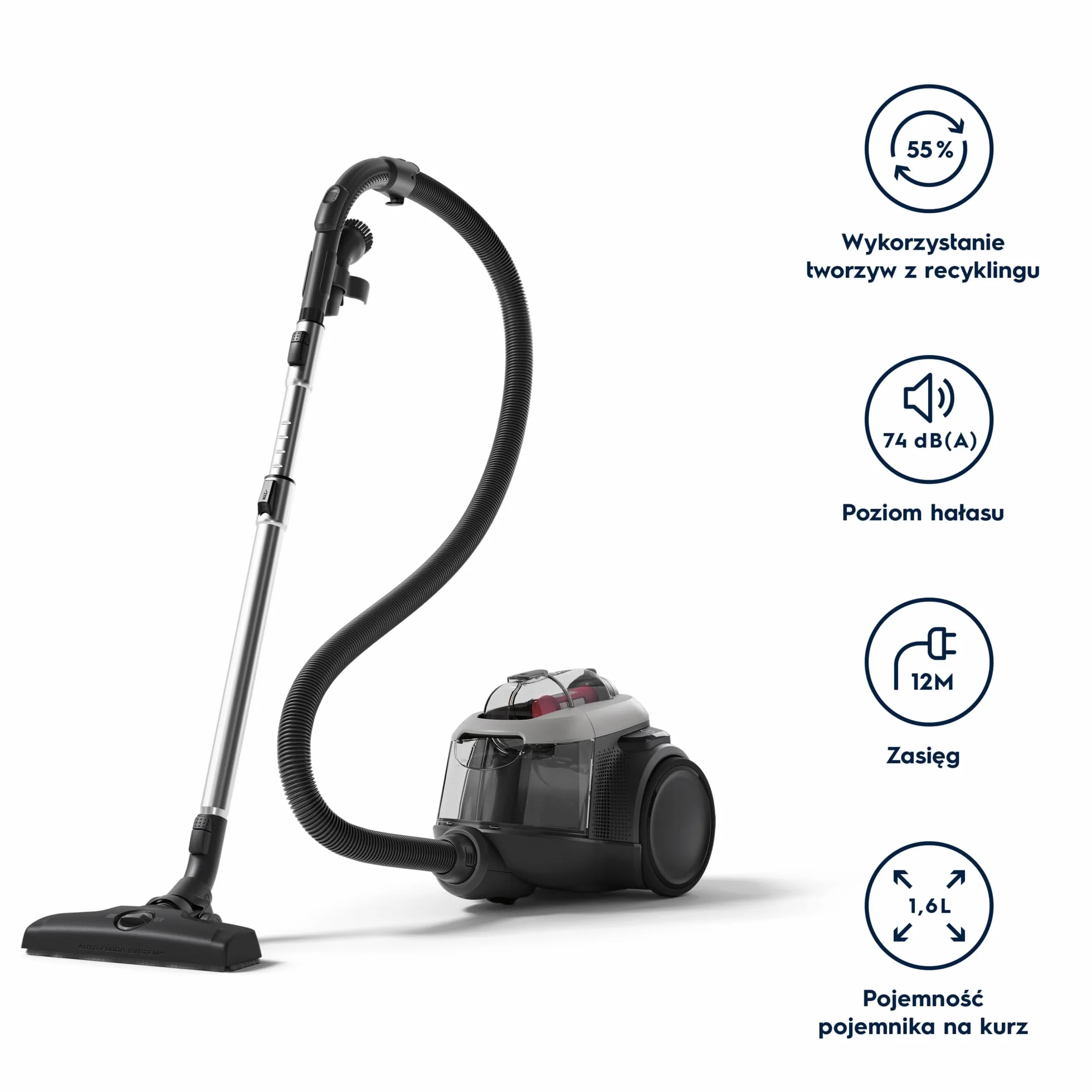 Electrolux Odkurzacz Bezworkowy Animal 600 EL61A4UG, doskonale zbiera sierść zwierząt, 6-cio stopniowa filtracja, technologia cyklonowa, 700W, 1,6L, Szary