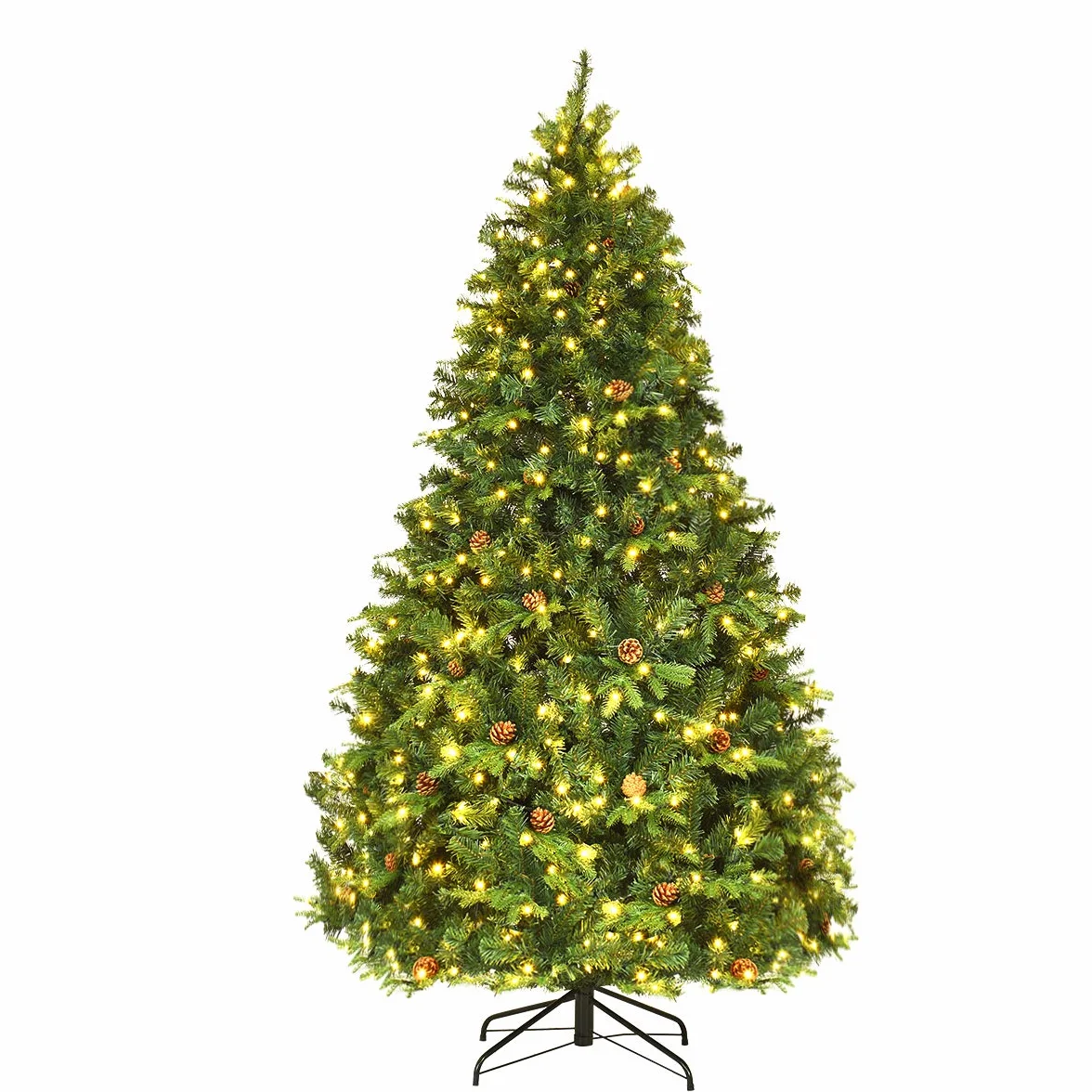 COSTWAY Sztuczna choinka LED, 210/225/240 cm, z systemem składania i metalowym stojakiem, udekorowana choinka, sztuczne drzewo na Boże Narodzenie idealne do domu, biura, sklepów i hoteli (210CM)