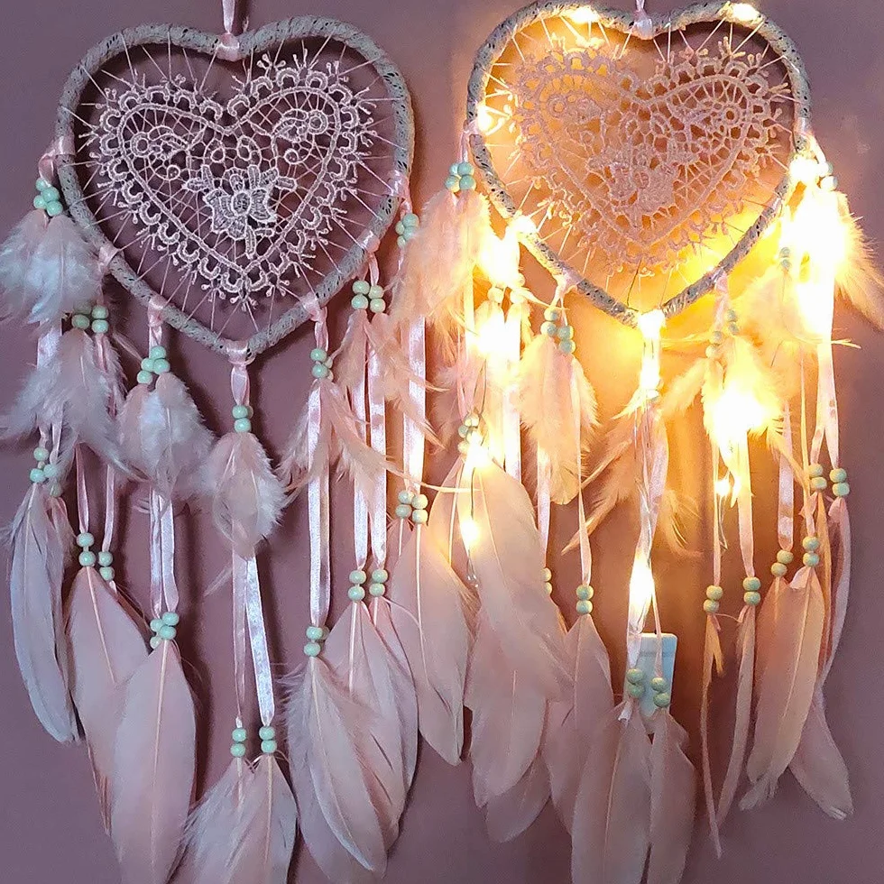 łapacz snów w stylu boho, w kształcie serca, ręcznie wykonany, lampa LED, ozdoba na ścianę, romantyczna dekoracja (kolor różowy, ze światłami)