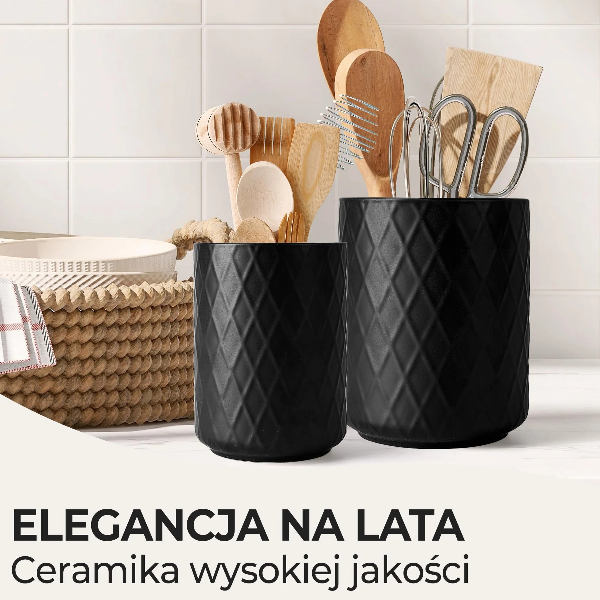 MIAMIO – Pojemnik na Przybory Kuchenne Ceramiczny / Zestaw Organizatorów Kuchennych, Dekoracja Wiejska do Organizacji Blatu i Przechowywania Sztućców, Łyżek Kuchennych (Czarny)