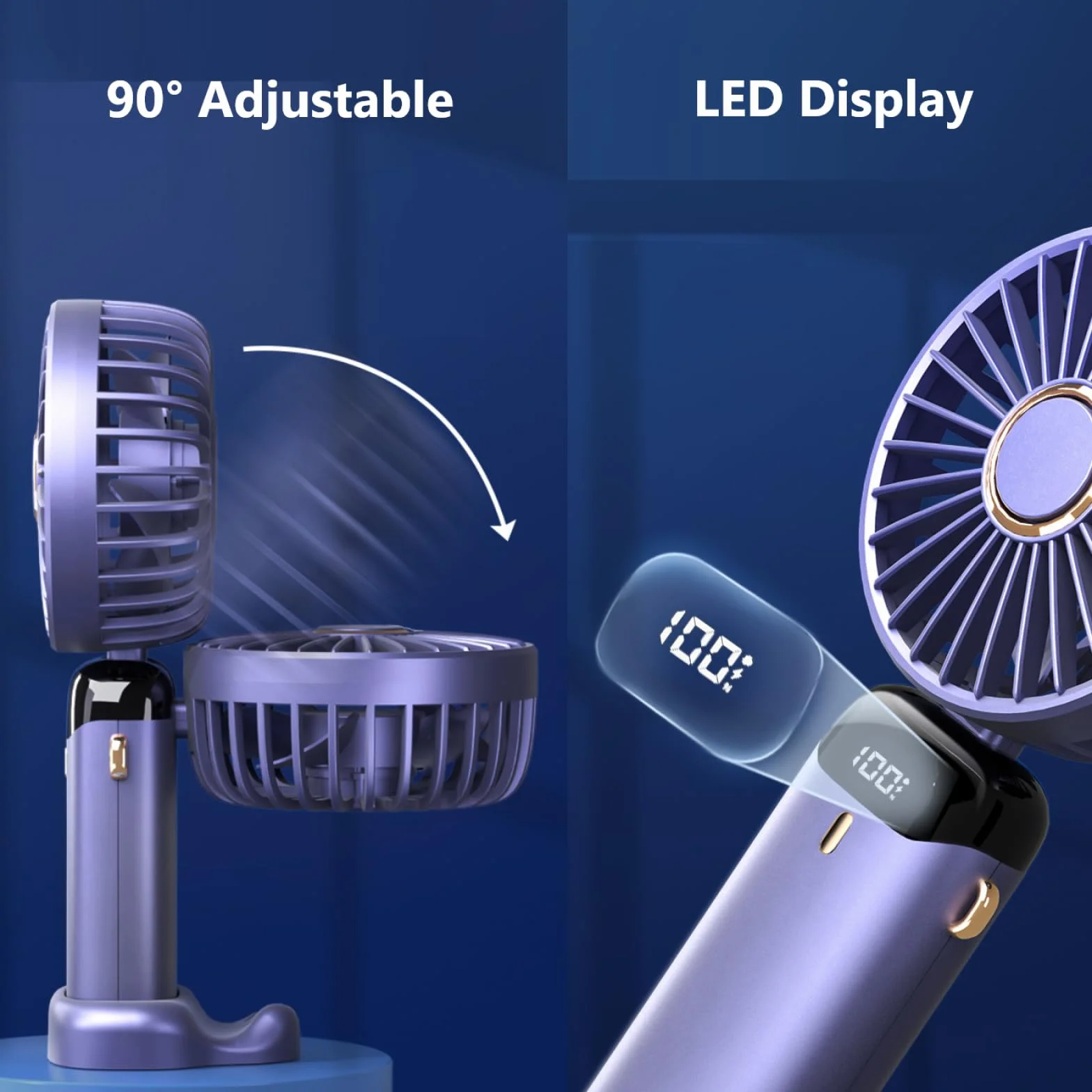 Przenośny wentylator ręczny, osobisty wentylator ładowany przez USB, 4800 mAh, składany mini wentylator biurkowy 90°, z cyfrowym wyświetlaczem LED, 5 prędkości, wielofunkcyjny wentylator do