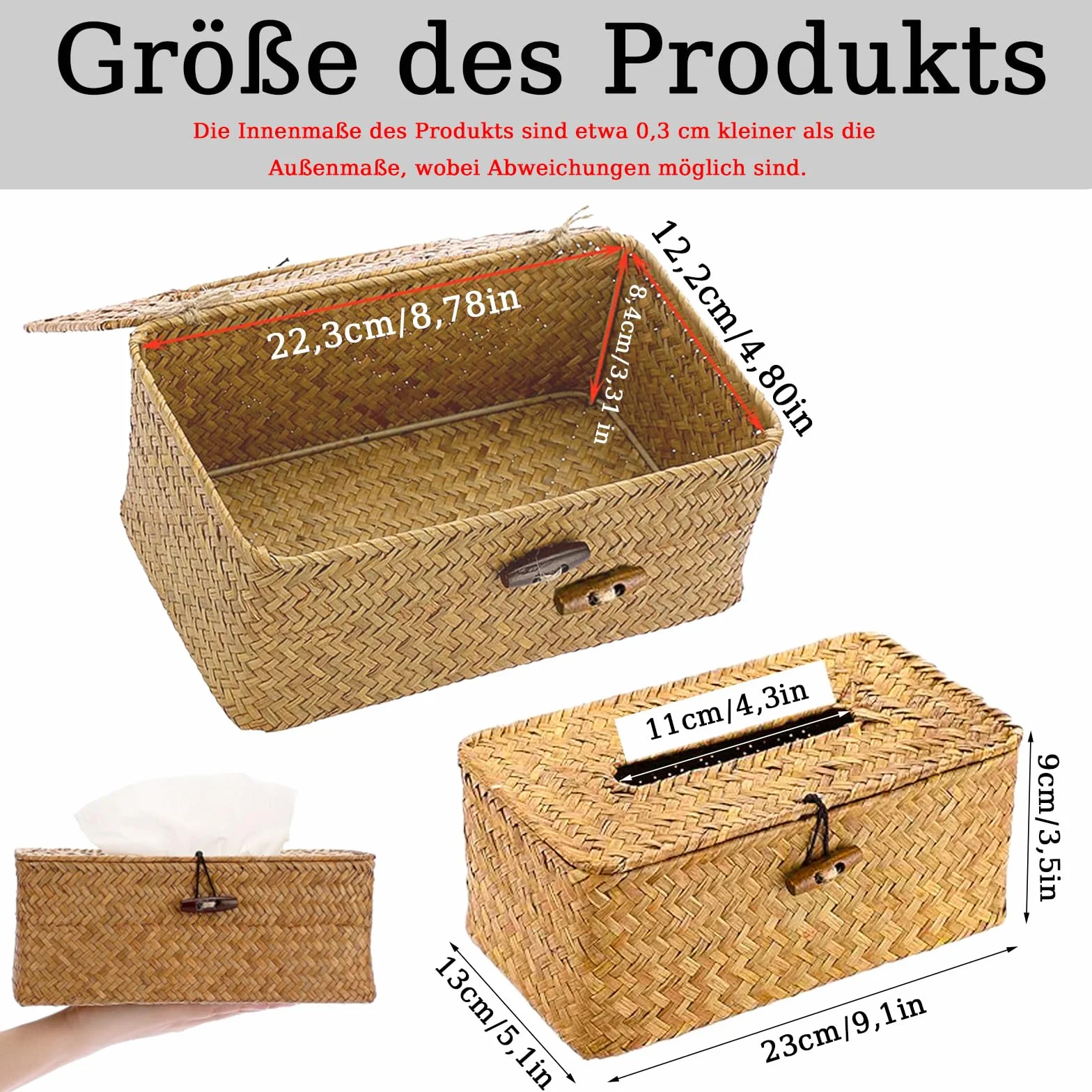 Seagrass pudełko na chusteczki higieniczne, prostokątne, tkane pudełko do przechowywania, 23 x 13 x 9 cm, pudełko na chusteczki higieniczne z pokrywką, pudełko do przechowywania ręczników papierowych