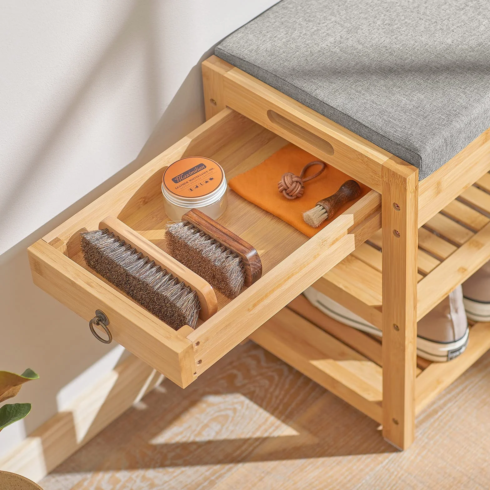 SoBuy® FSR49-N bambusowy stojak na buty, ławka na buty z podnoszonym siedziskiem i poduszką do siedzenia, organizer do przedpokoju, do przechowywania butów, z szufladą