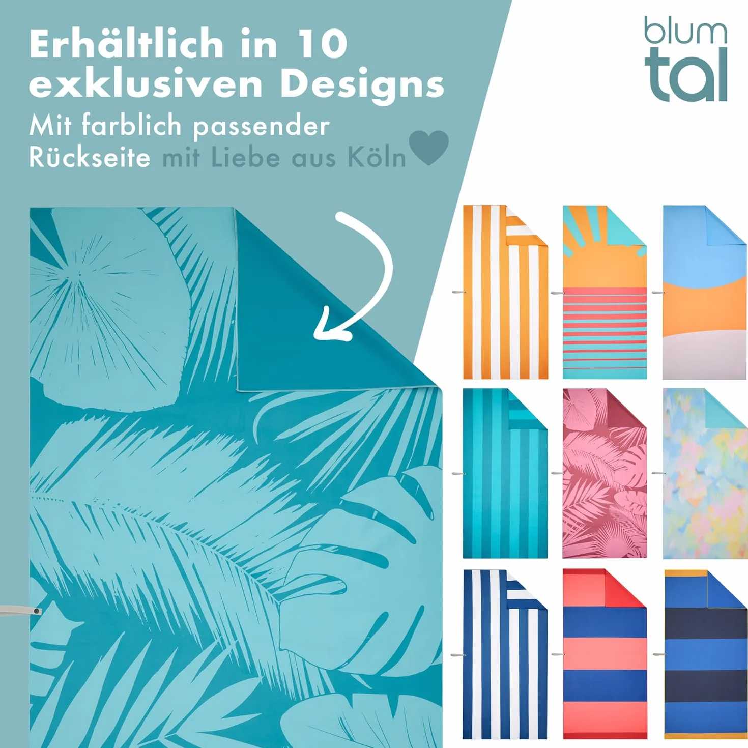 Blumtal Strandhandtuch 90x180cm aus Mikrofaser - kompaktes und schnelltrocknendes Handtuch/Strandtuch xxl - Stranddecke sandfrei mit Band - Badetücher schnelltrocknend mit türkisem Palmen-Motiv