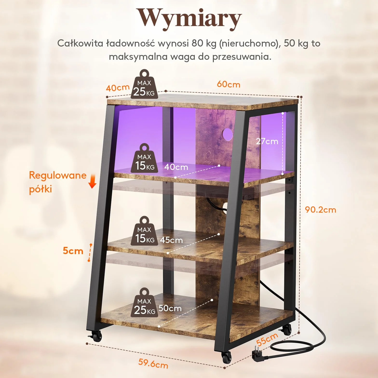 Lifewit 4-Poziomowy Stojak Multimedialny AV z gniazdami, Półkami Stereo z Oświetleniem LED, Kółkami i Regulowanymi Gramofony, Rolowana Konsola Szafka wieżę Multimedialną, Brązowy Rustykalny