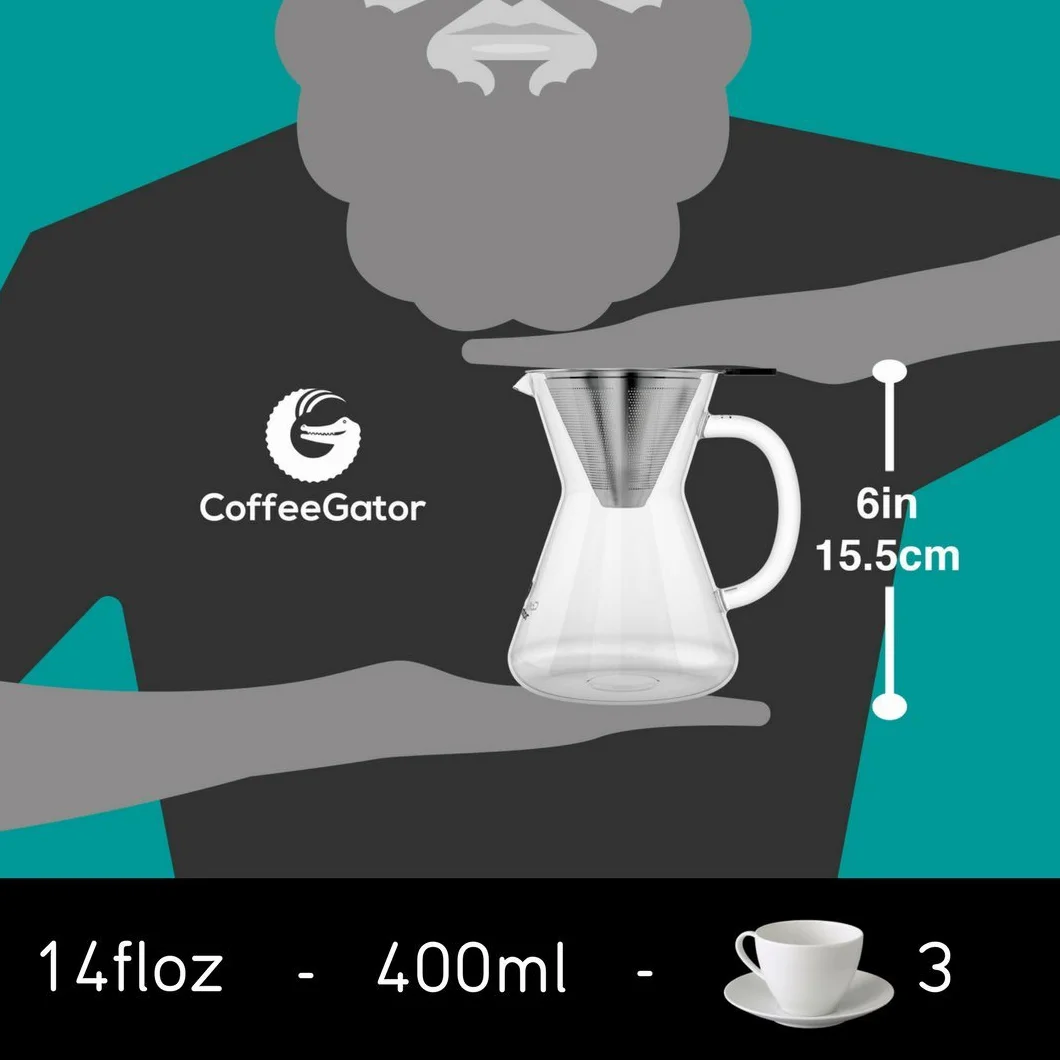 Coffee Gator Pour Over zaparzacz do kawy – więcej smaku dzięki bezpapierowemu filtrowi ze stali nierdzewnej i szklanej karafce – ręczny zaparzacz do kawy – 400 ml