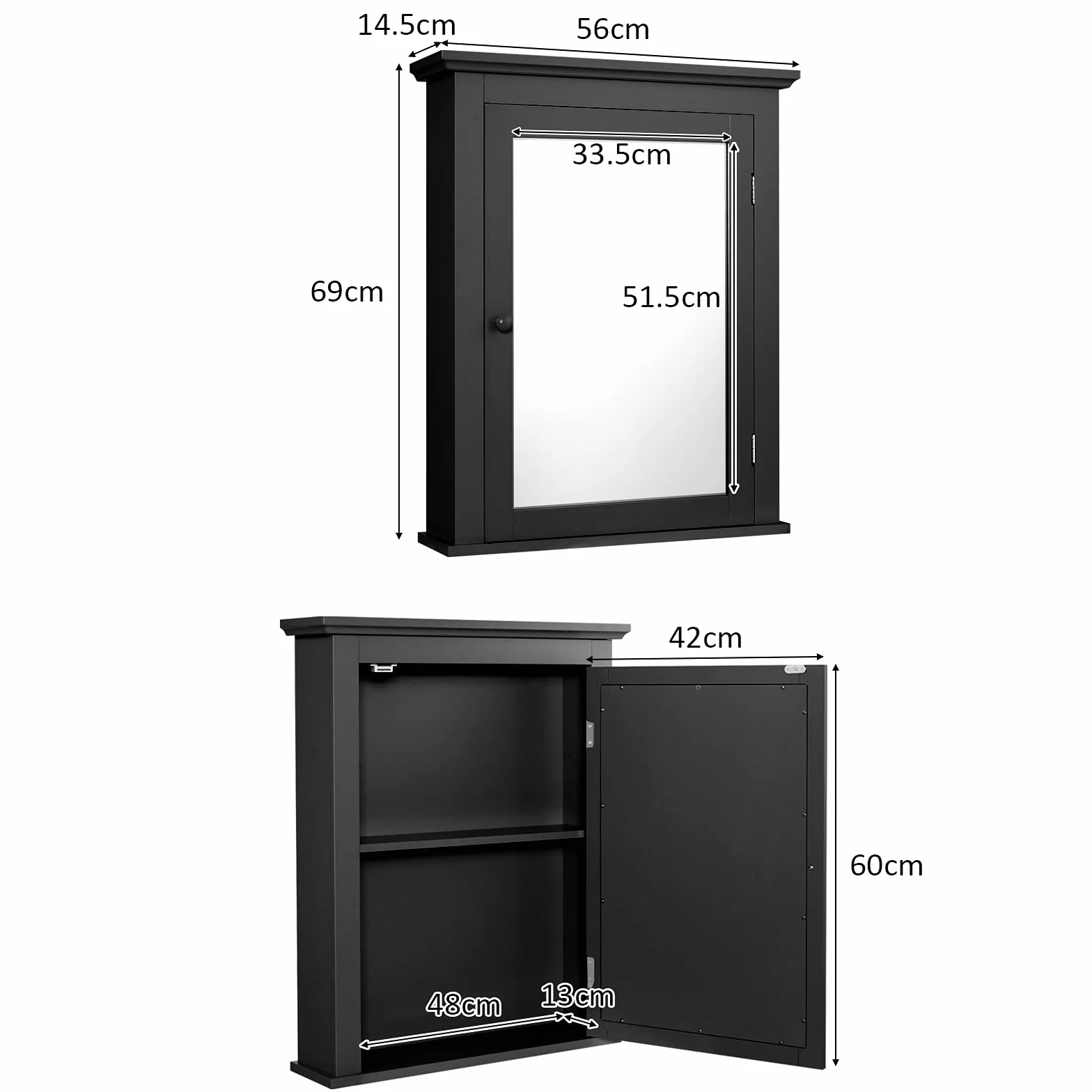 GIANTEX szafka łazienkowa z lustrem, szafka wisząca z lustrem, szafka łazienkowa z lustrem i półką, szafka ścienna, szafka do makijażu, lustro łazienkowe, z regulowanym regałem, 56 x 15 x 69 cm