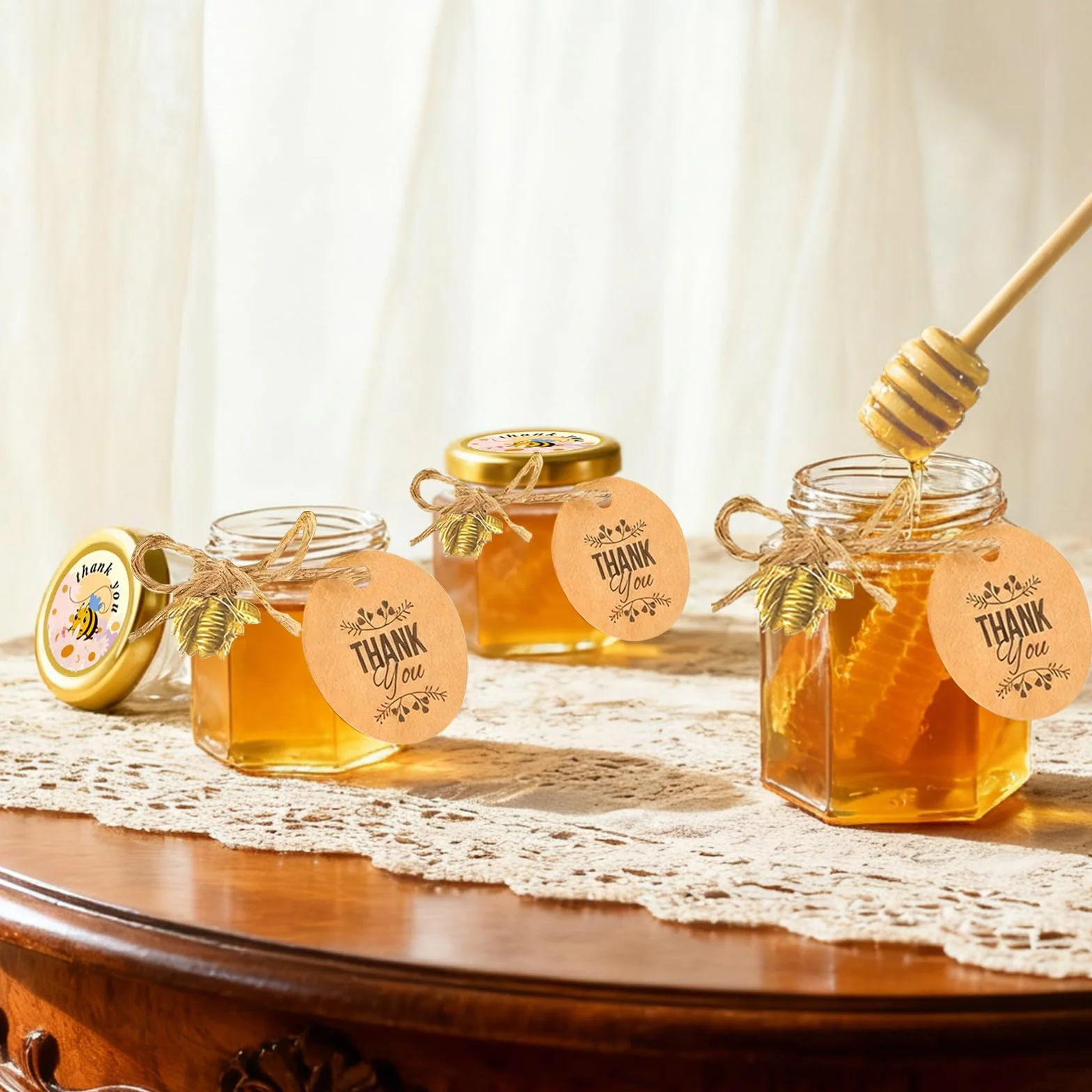 Zestaw 30 mini słoików do miodu 45 ml, mini słoiki na miód z drewnianą łyżeczką do miodu + etykietami pszczół + lina konopna słoiki na dżem + kartki z podziękowaniami na baby shower, wesela