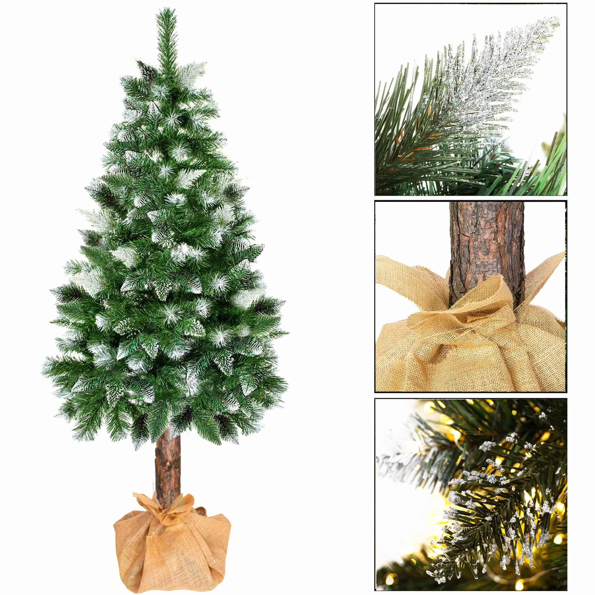 SPRINGOS Choinka z naturalnym pniem, sztucznymi szyszkami i sztucznym śniegiem 180 cm, sztuczne drzewo diamentowe, sztuczny sznurek jutowy, sztuczne drzewo jak prawdziwe, imitacja sosny