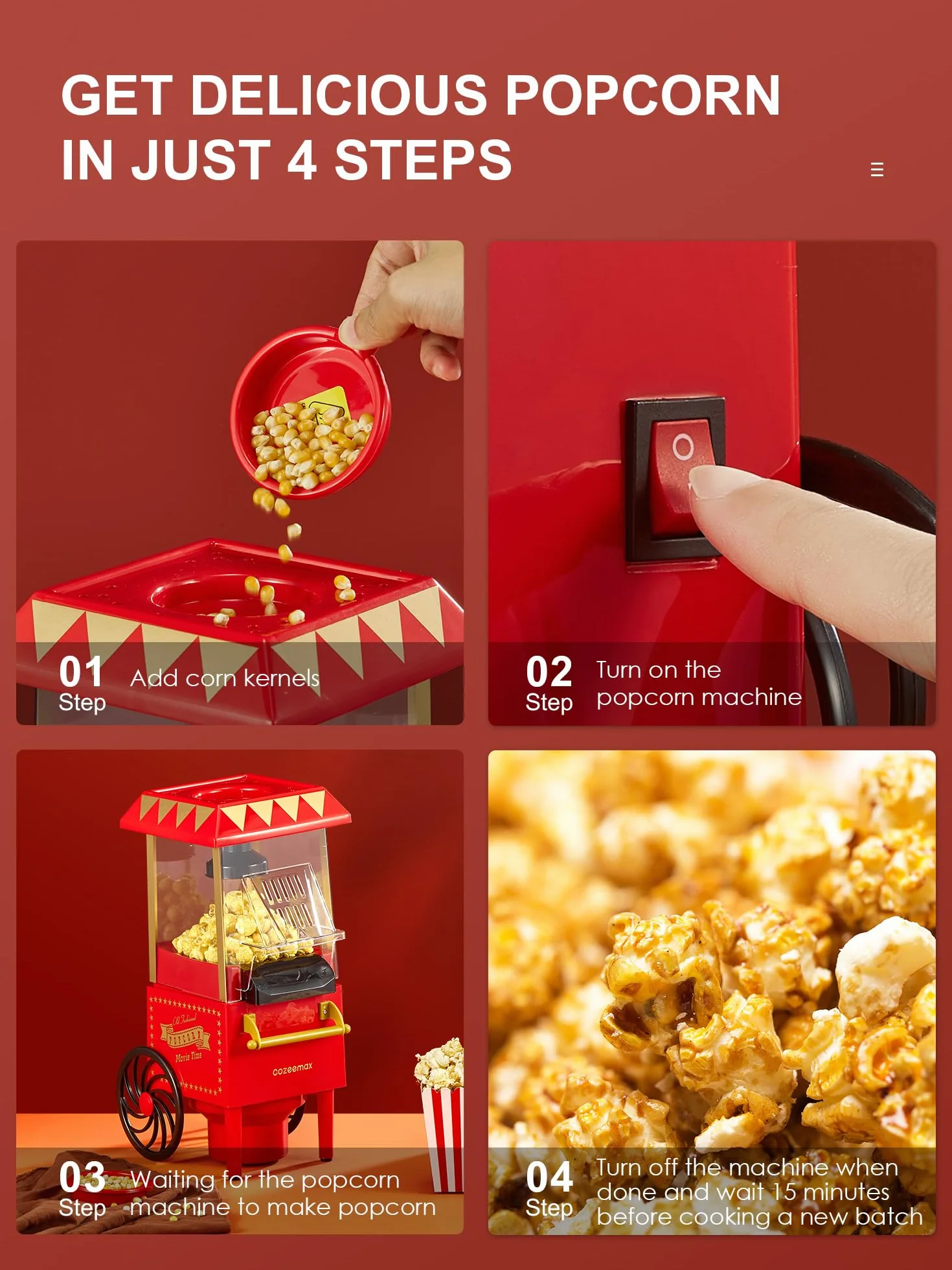 maszyna do popcornu w stylu retro, 1200 W, domowa maszyna do popcornu z gorącym powietrzem, bez tłuszczu i oleju, obsługa jednym przyciskiem, czerwona