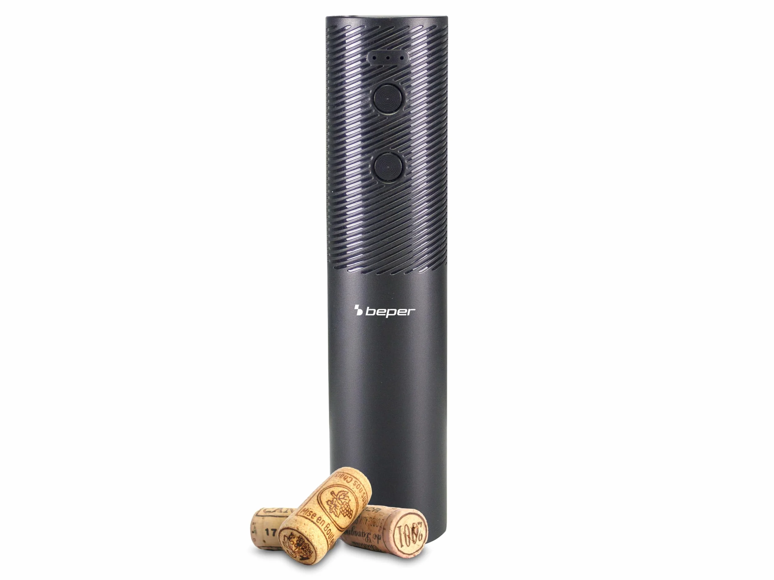 BEPER P102ACP101 Elektryczny korkociąg do wina, 20 W, elektryczny otwieracz do butelek z akumulatorem USB, w zestawie nożyk do kapsli, lampka LED, otwieranie 50 butelek z ładowaniem, czarny