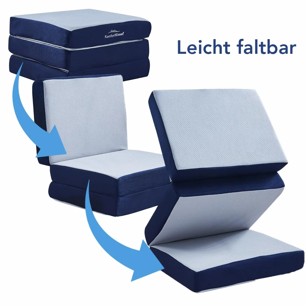 MKS Składany materac, materac dla gości, 3-częściowy składany materac o grubości 15 cm, składany, dla dorosłych (niebieski, 75 x 65 x 45 cm)