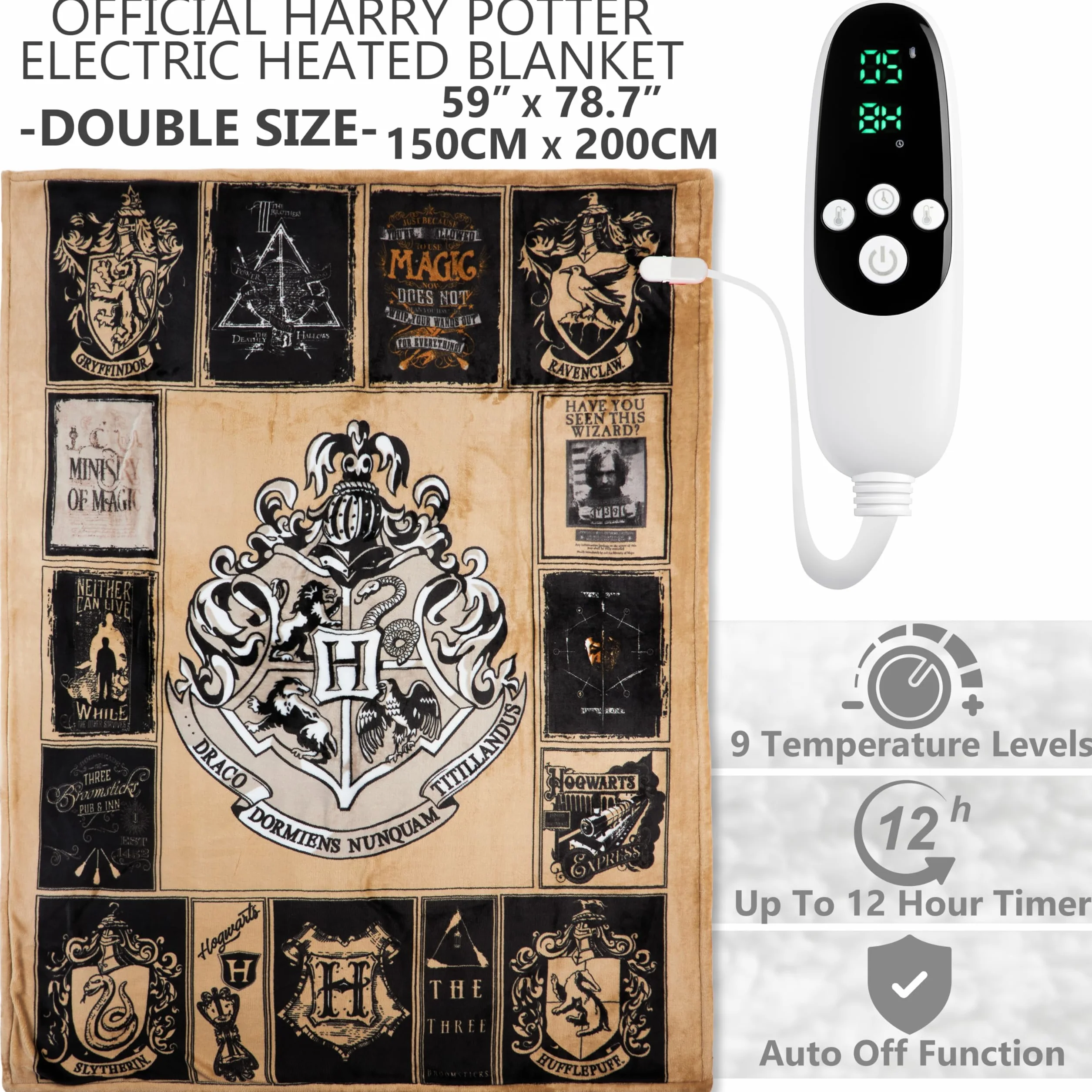 Get Trend Harry Potter Podwójny koc grzewczy 150 x 200 cm, przytulny polar sherpa, 9-poziomowe ogrzewanie elektryczne z 12 godzinami automatycznego wyłączania (Multi Harry Potter, podwójny EU)
