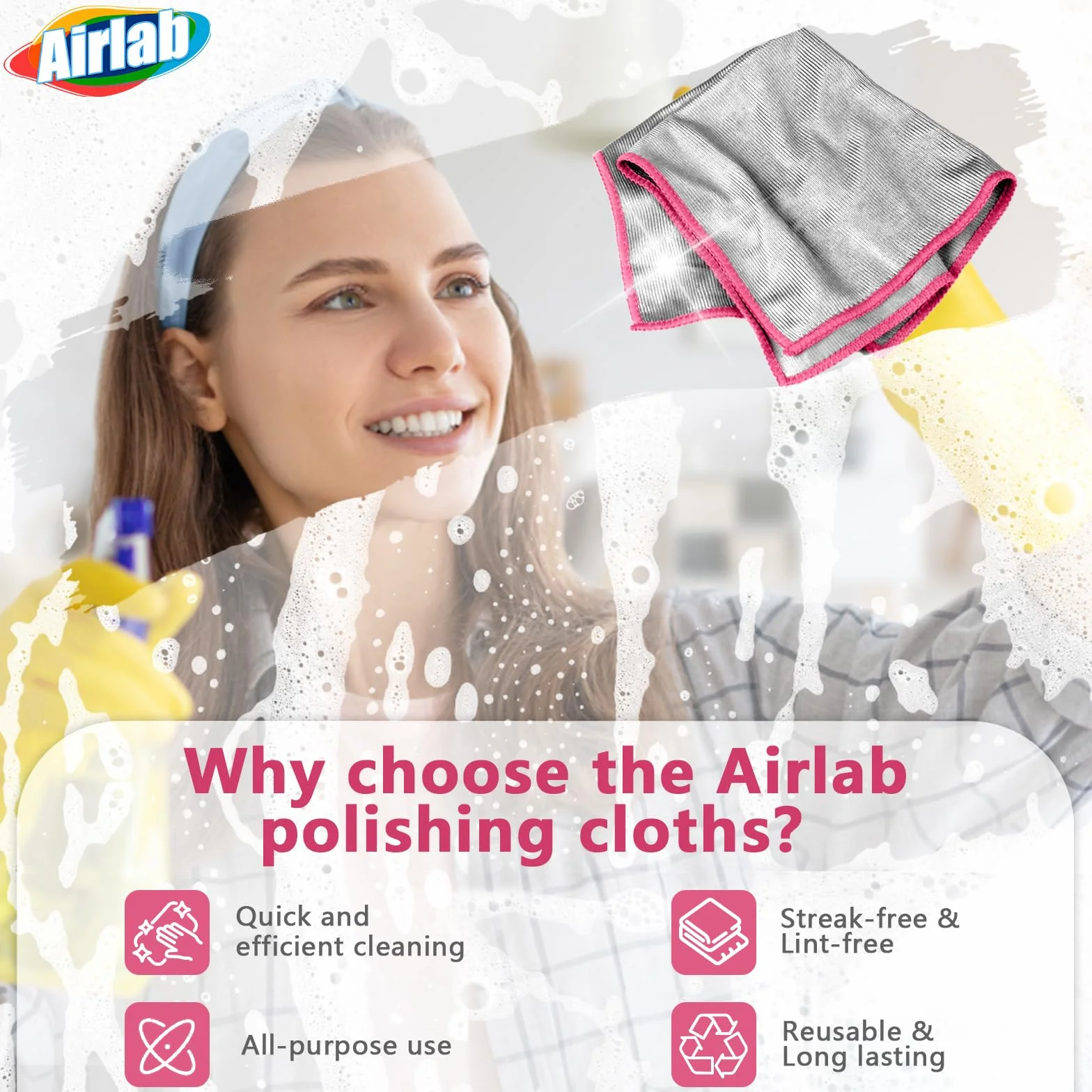 Airlab 6X dwustronna ściereczka do szkła, zagęszczona magiczna ściereczka do czyszczenia do użytku domowego, uniwersalna, niestrzępiąca się ściereczka do okien i polerowania luster