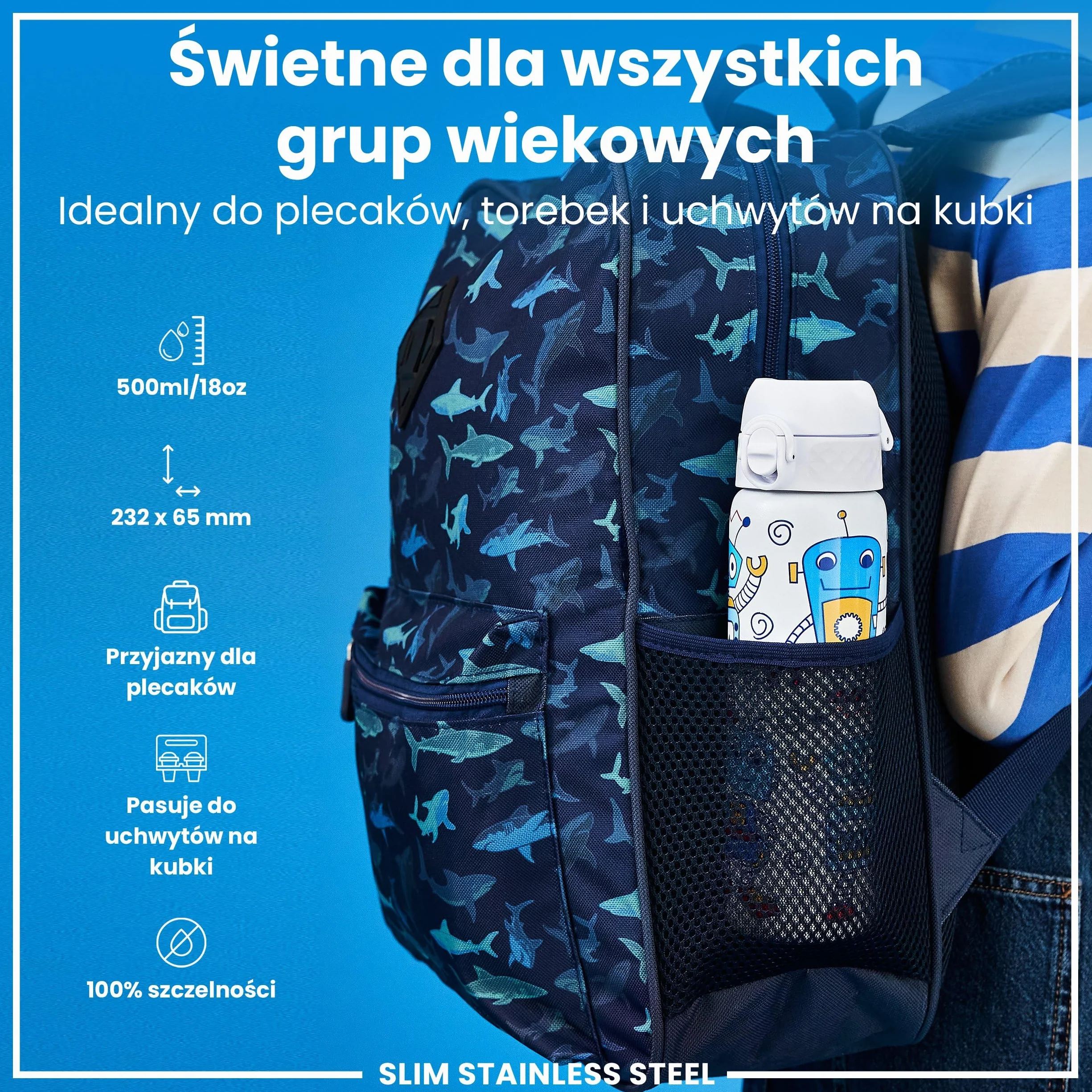 ION8 Butelka na Wodę ze Lekki Stali, 600 ml/20 oz, Nieocieplany, Szczelna, Łatwe Otwieranie, Bezpieczny Zamek, Można Myć w Zmywarce, Higieniczne Pokrycie, Składany Uchwyt, Roboty