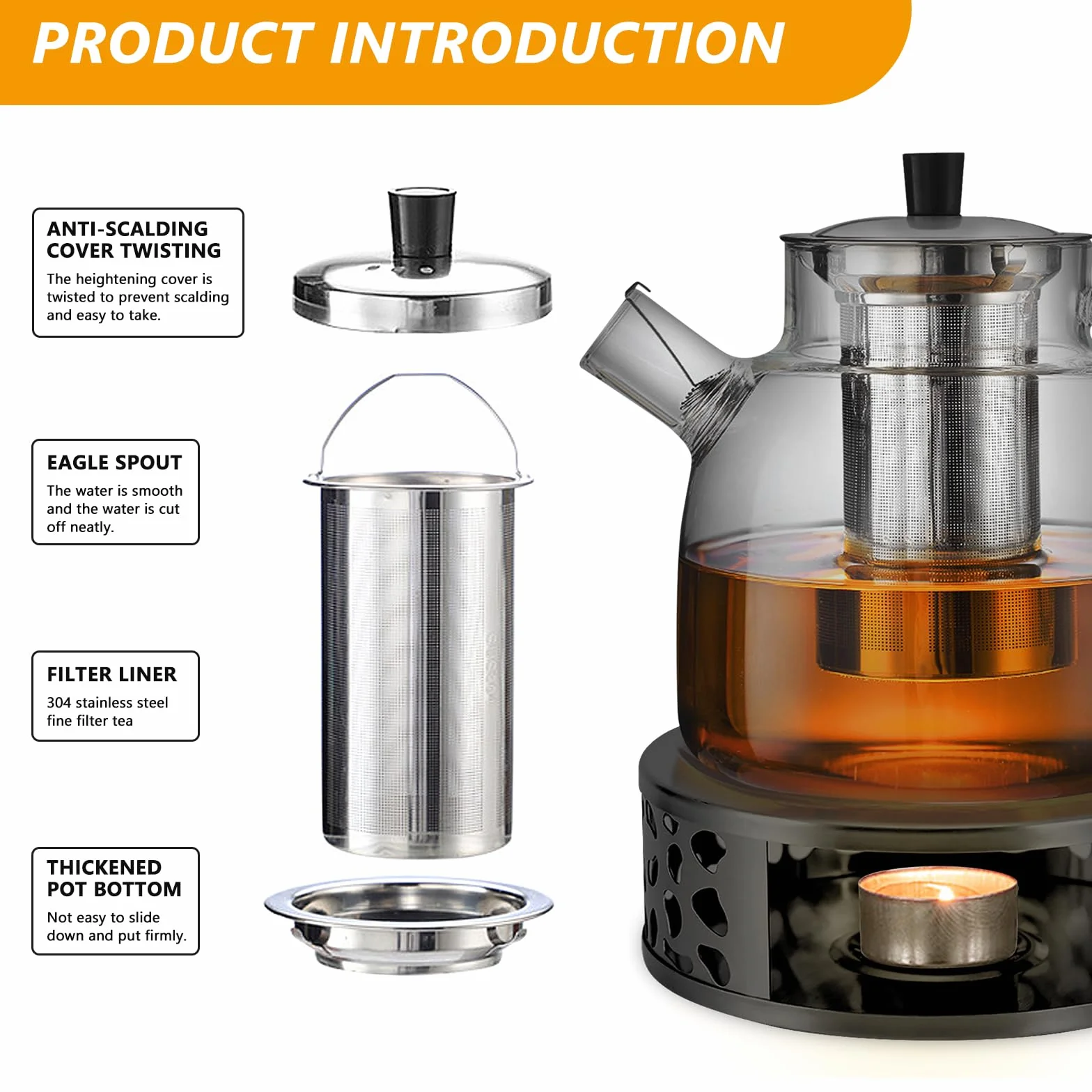 Dzbanek do herbaty 1500ml z sitkiem, dzbanek do herbaty z podgrzewaczem, szklany dzbanek do herbaty z podgrzewaczem ze stali nierdzewnej, szklany zaparzacz do herbaty, serwis do herbaty do herbaty