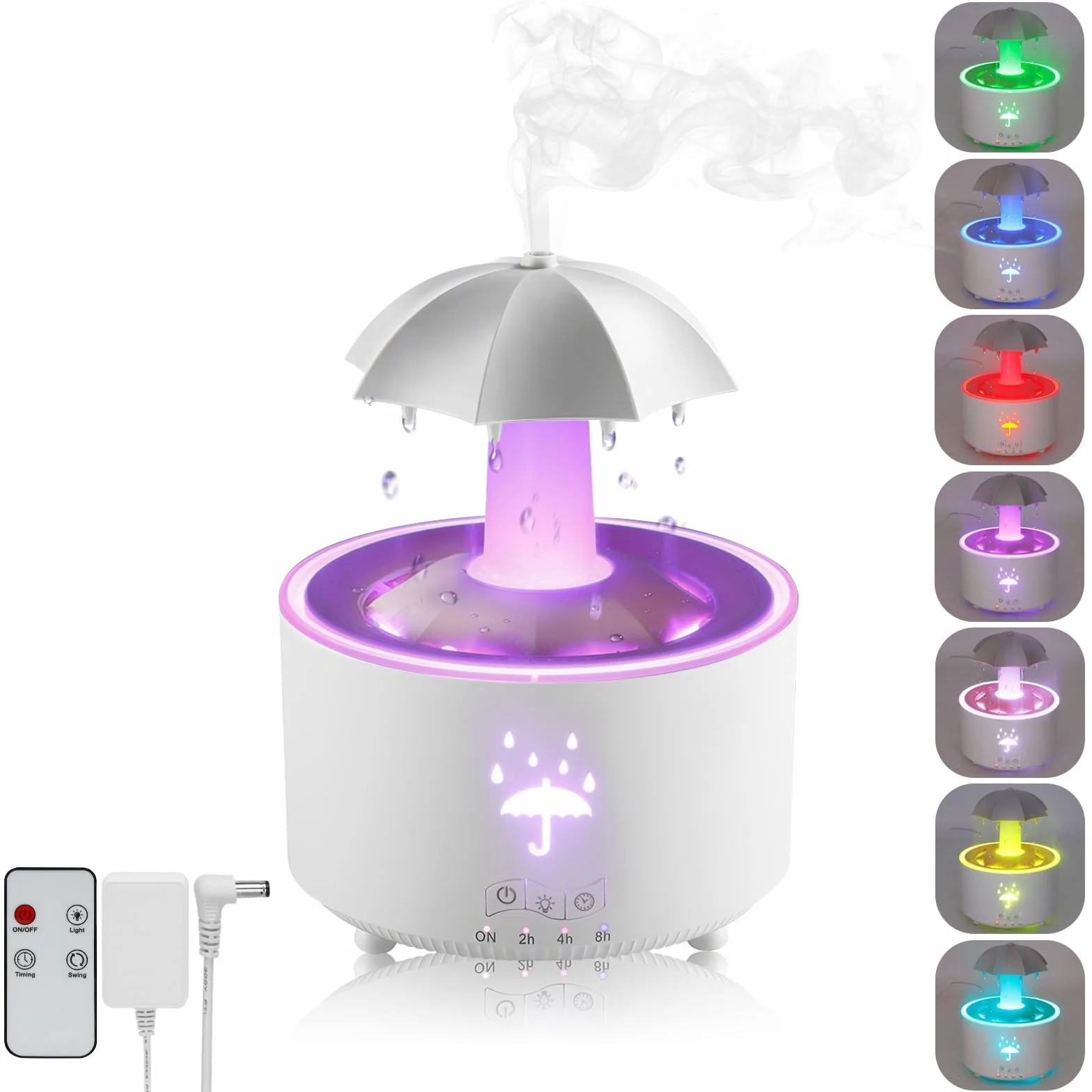 Justup Parasolowy nawilżacz powietrza, obracający się 7 kolorów LED do aromaterapii, duża pojemność 300 ml, nawilżacz z pilotem zdalnego sterowania (biały)