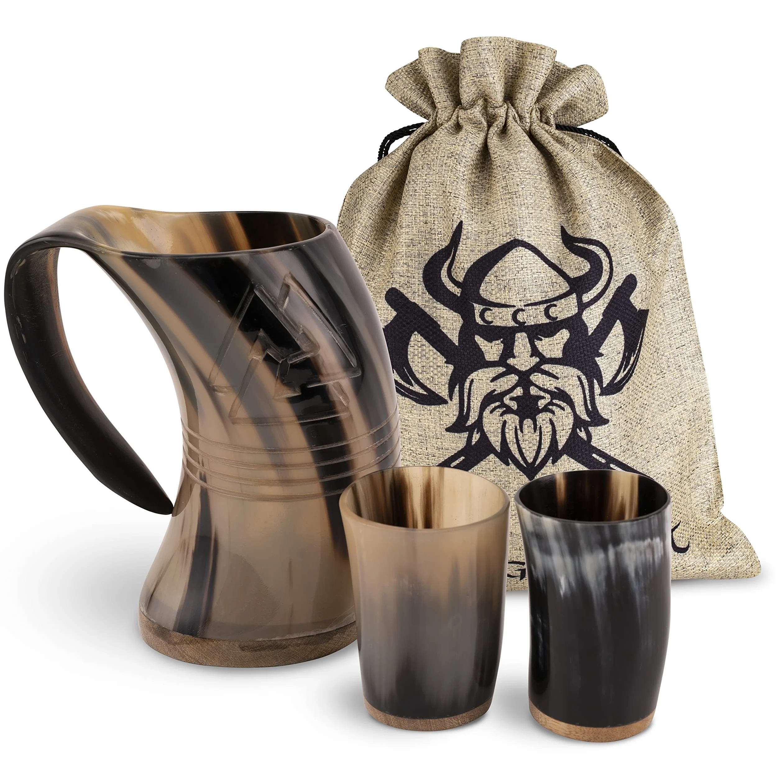 VIKING CRAFT Dzbanek wikingów z rogiem, 600 ml, Odyn i 2 szklanki, średniowieczna dekoracja, LARP, miski