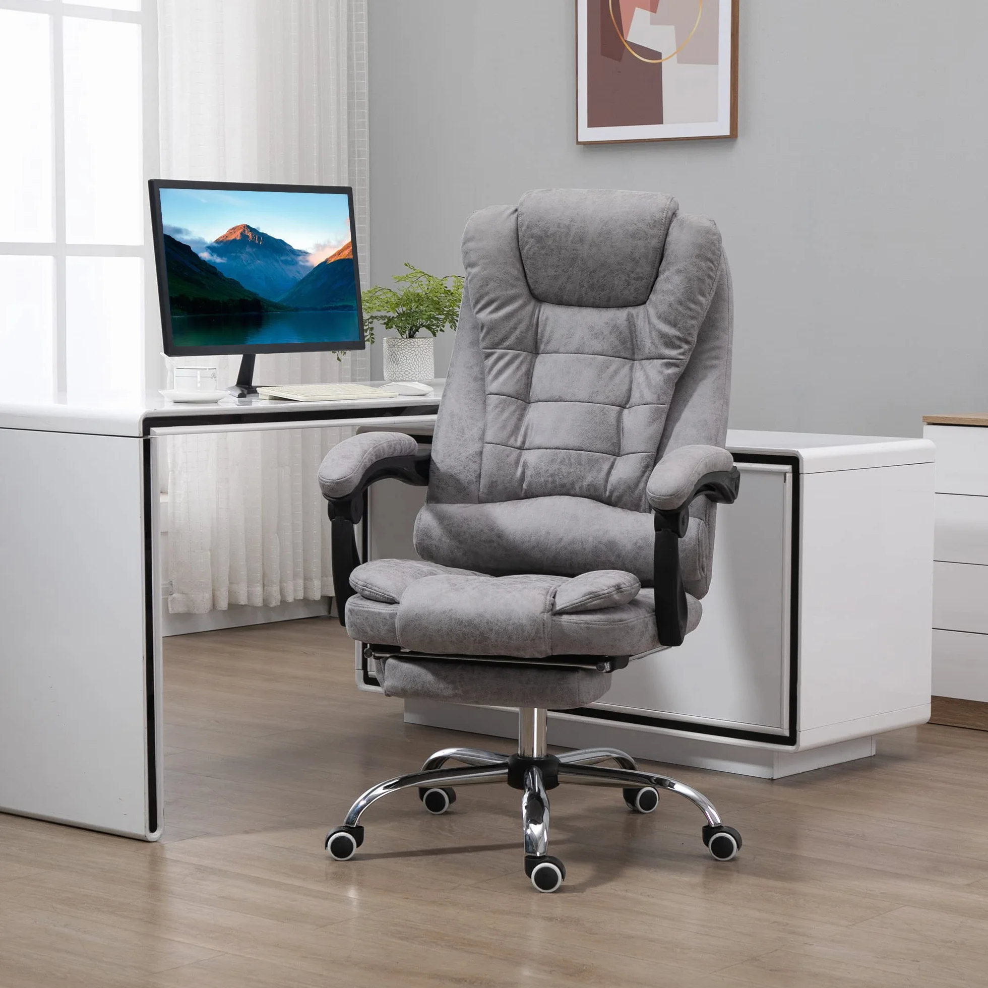 Vinsetto Fotel biurowy do masażu i ogrzewania, ergonomiczne krzesło biurowe z regulacją wysokości, odchylane oparcie, podnóżek, pilot przewodowy, obrotowy 360°, tkanina z mikrofibry, szary