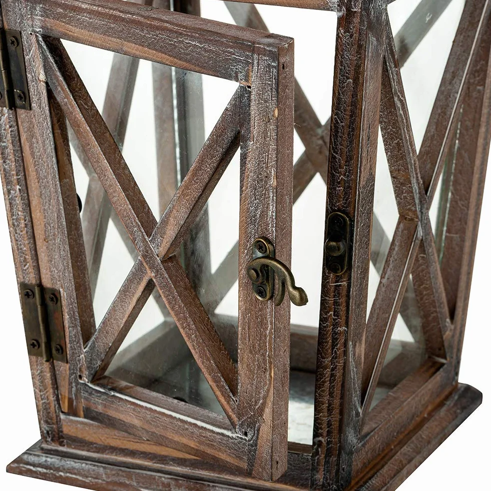 Nuptio Drewniana latarnia na świece: Latarnie stare świece wewnętrzne, metalowe świeczniki i szkło na Halloween, do salonu, kominek centrów stołowych ornamenty, wysokość 27 cm