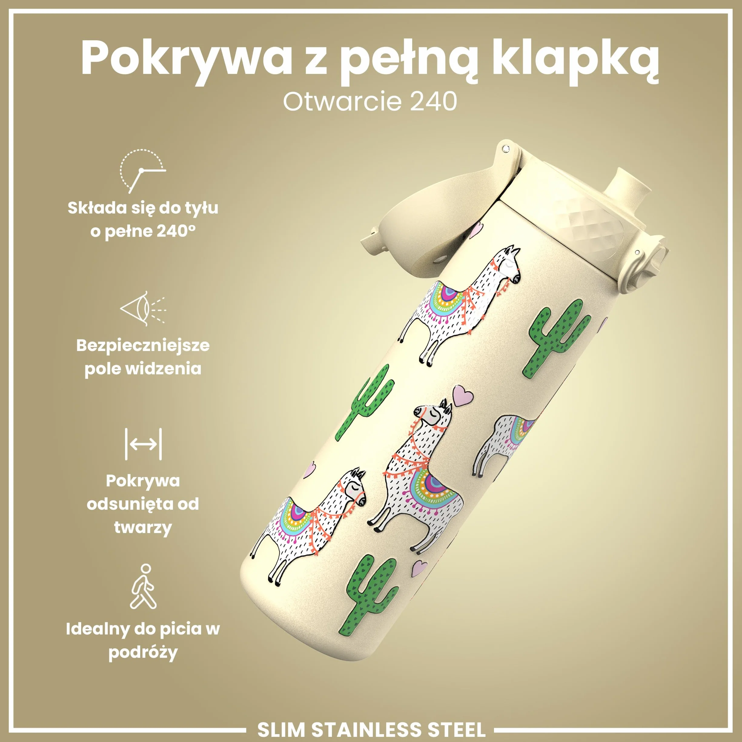 ION8 Butelka na Wodę ze Lekki Stali, 600 ml/20 oz, Nieocieplany, Szczelna, Łatwe Otwieranie, Bezpieczny Zamek, Można Myć w Zmywarce, Higieniczne Pokrycie, Składany Uchwyt, Lamy