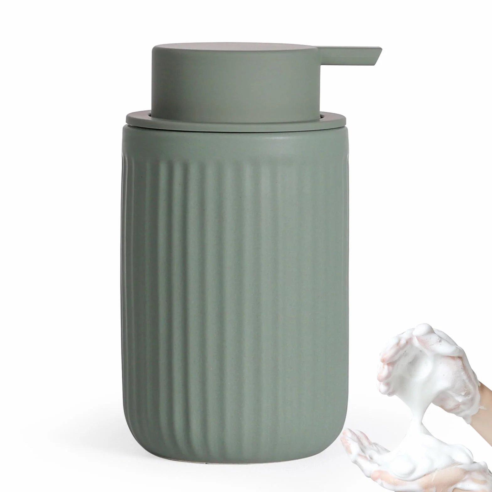 Dozownik mydła w piance, zielony, 350 ml, dozownik płynu do mycia naczyń z głowicą pompki piankowej, do wielokrotnego napełniania, ceramiczny matowy zielony, dozownik mydła do kuchni