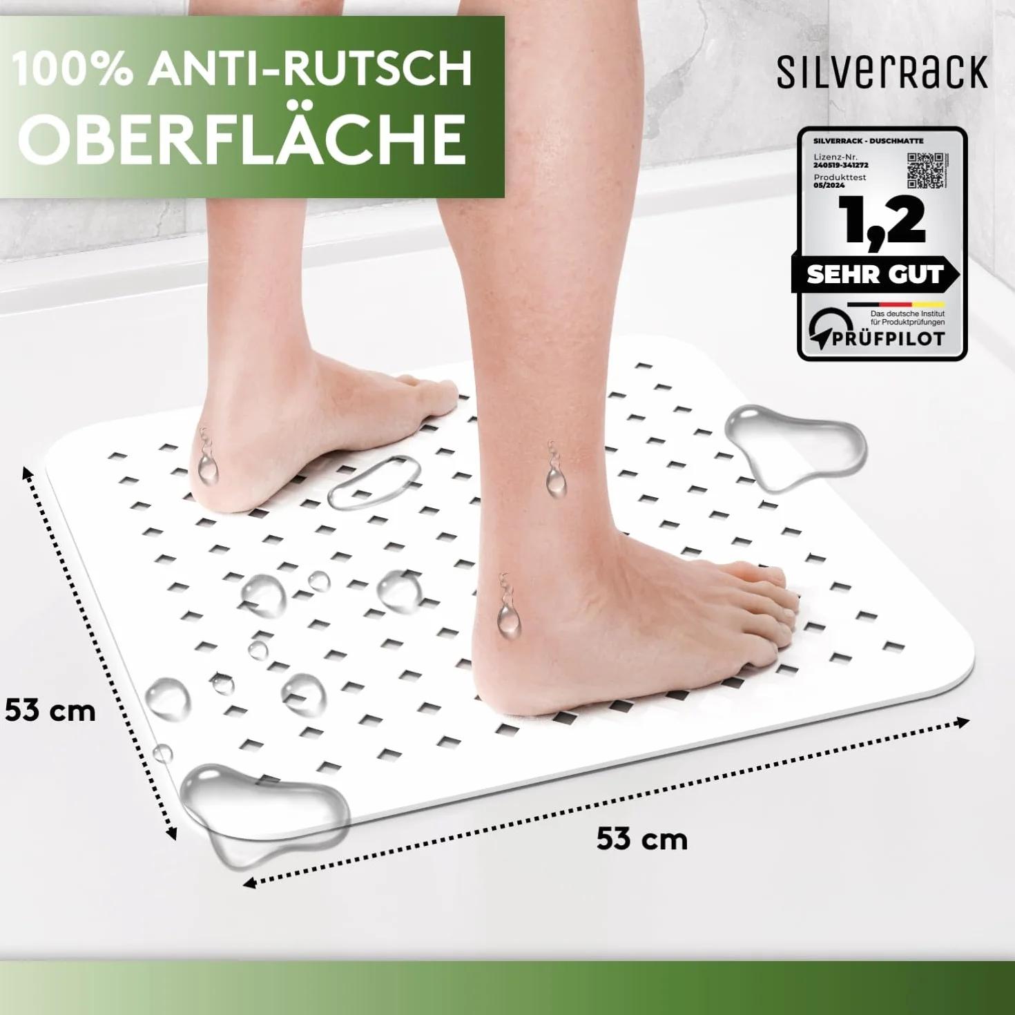 SilverRack Antypoślizgowa mata prysznicowa, 53 x 53 cm (biała RAUTEN) – mata antypoślizgowa pod prysznic bez BPA dla dzieci – mata łazienkowa do prania w pralce i odporna na pleśń – antypoślizgowa