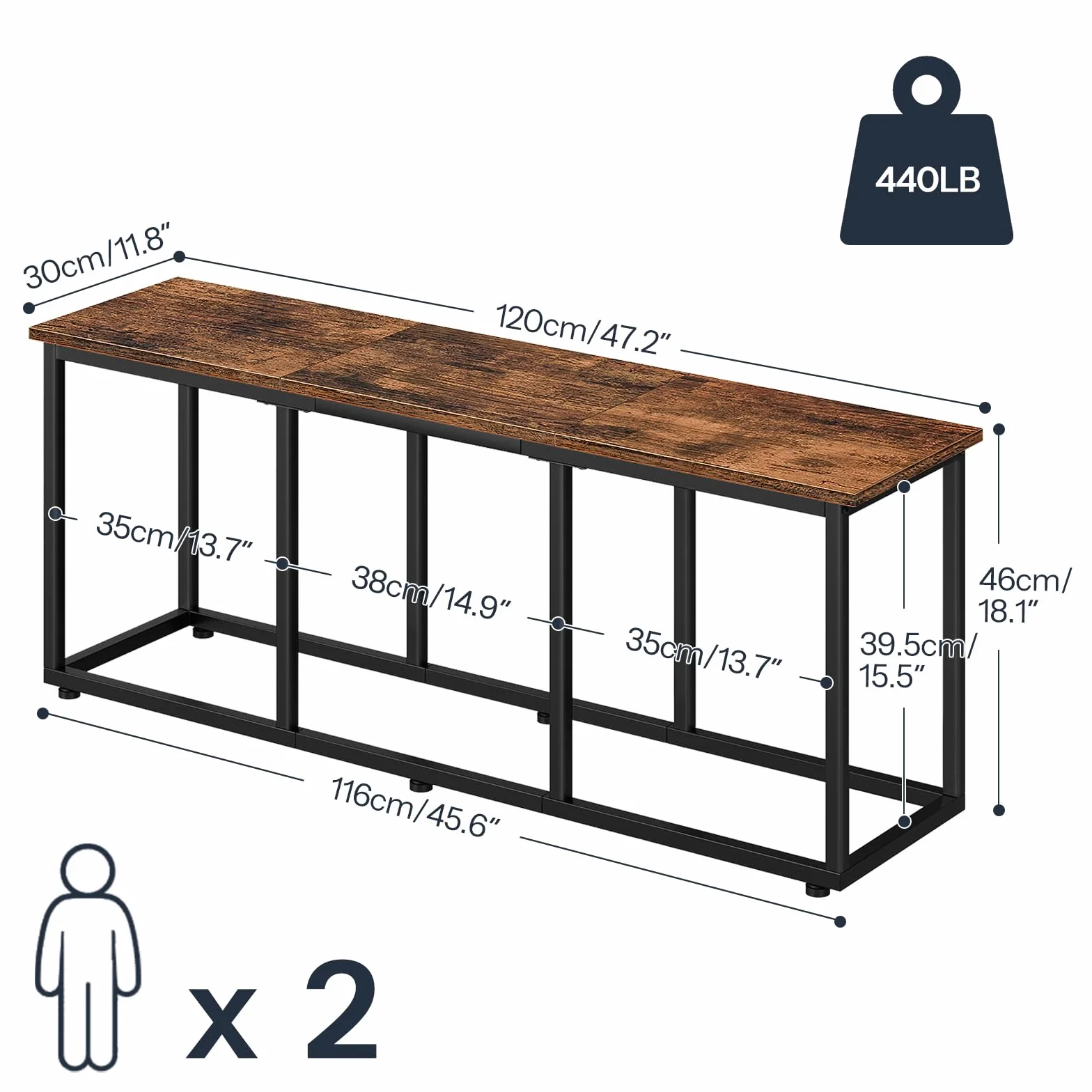 HOOBRO Stołek do jadalni 120 cm, ławka konsoli, styl przemysłowy, rustykalny brązowy i czarny