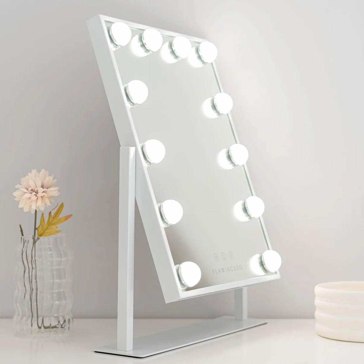Flamingueo Hollywood Lusterko do Makijażu z Oświetleniem - 12 LED - 3 Tryby - Regulowana Intensywność - Sterowanie Dotykowe - Regulowana Pozycja - Biały - 36,5x7,5x47,5cm